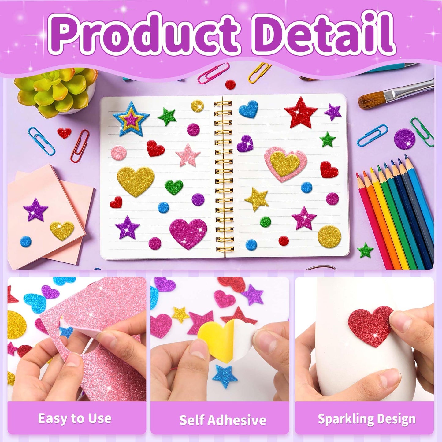 Lckaent Glitter Foam Stickers – 875 Pcs 3D Self-Adhesive Hearts Stars Circles for DIY Crafts