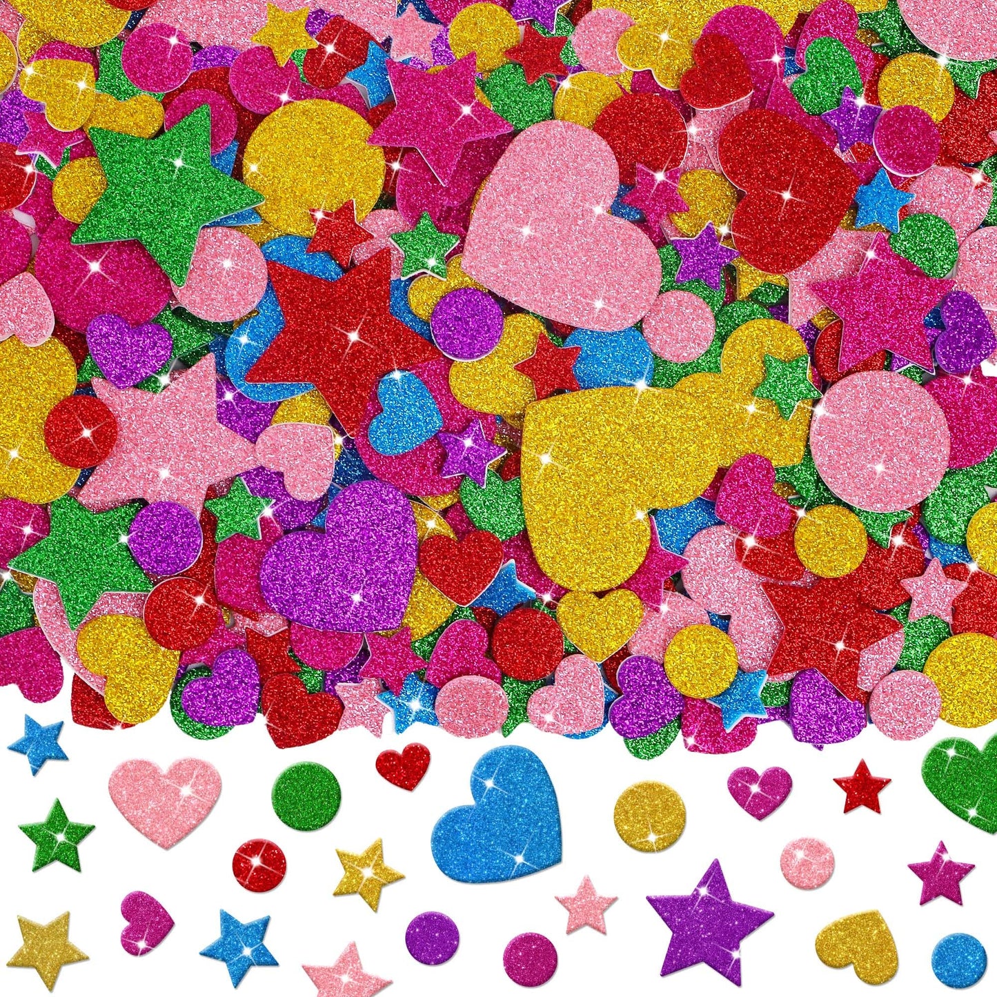 Lckaent Glitter Foam Stickers – 875 Pcs 3D Self-Adhesive Hearts Stars Circles for DIY Crafts