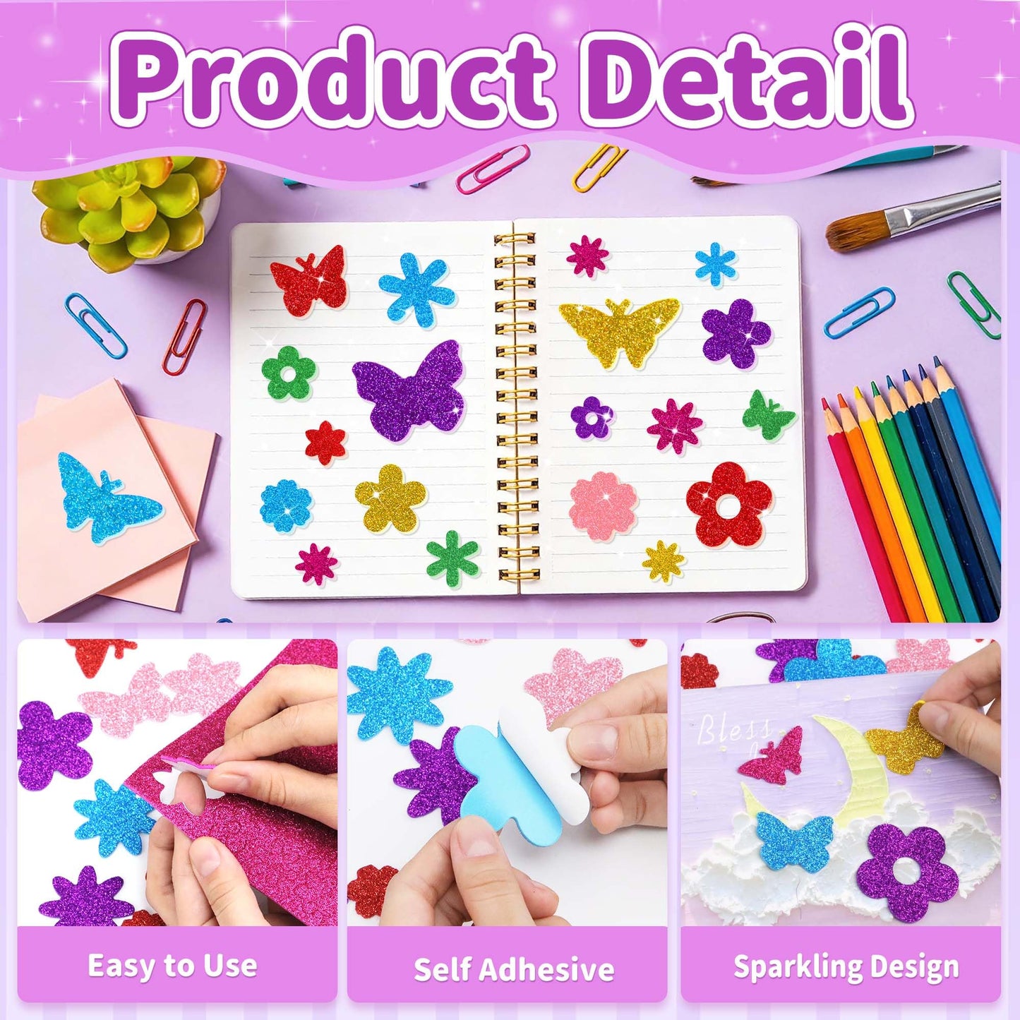 Lckaent Glitter Foam Stickers – 448Pcs Flower & Butterfly 3D Self-Adhesive Craft Set