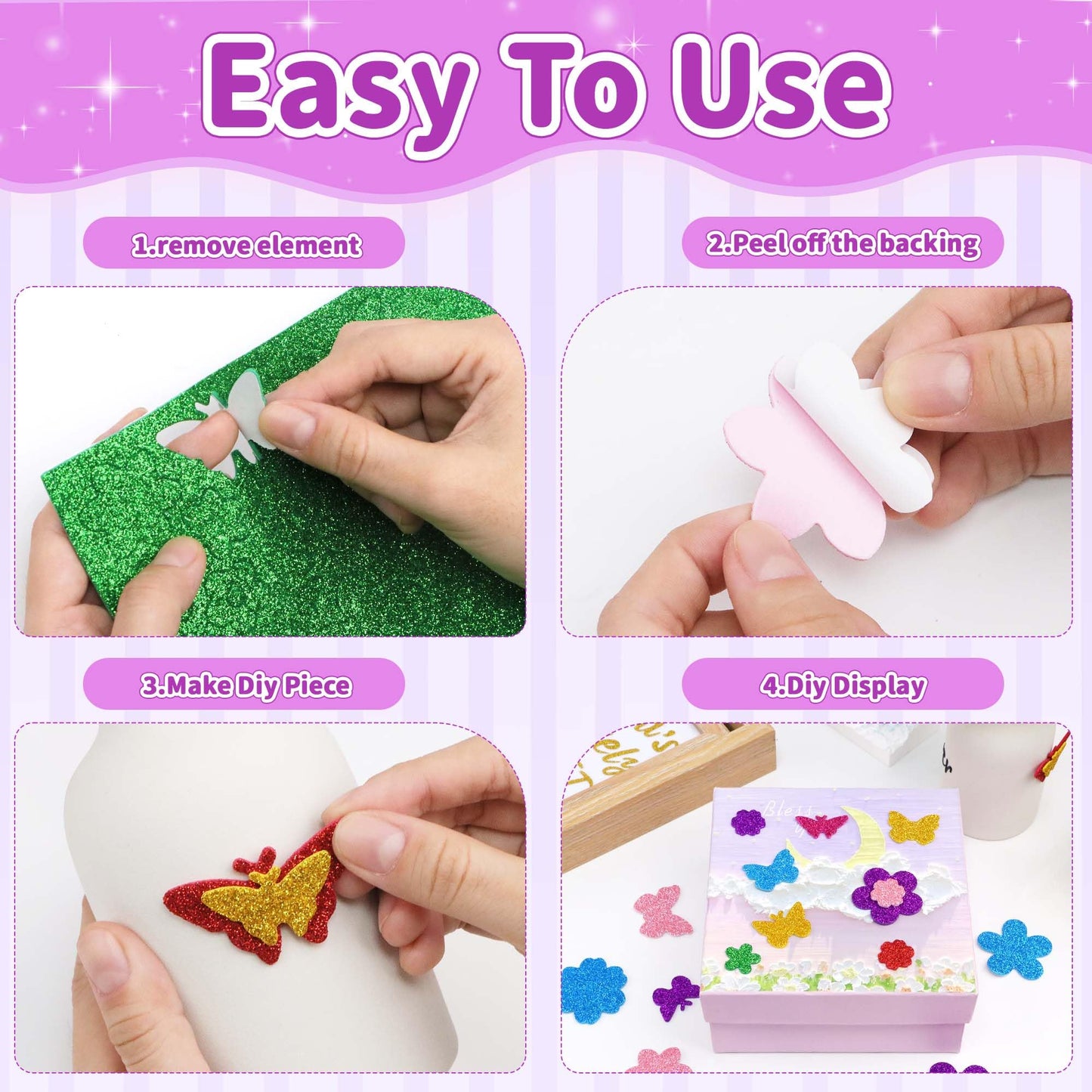 Lckaent Glitter Foam Stickers – 448Pcs Flower & Butterfly 3D Self-Adhesive Craft Set