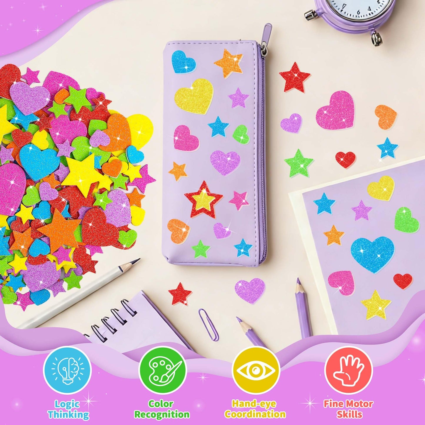 Lckaent Foam Stickers Glitter Hearts & Stars – 875pcs 3D Self-Adhesive Craft Kit
