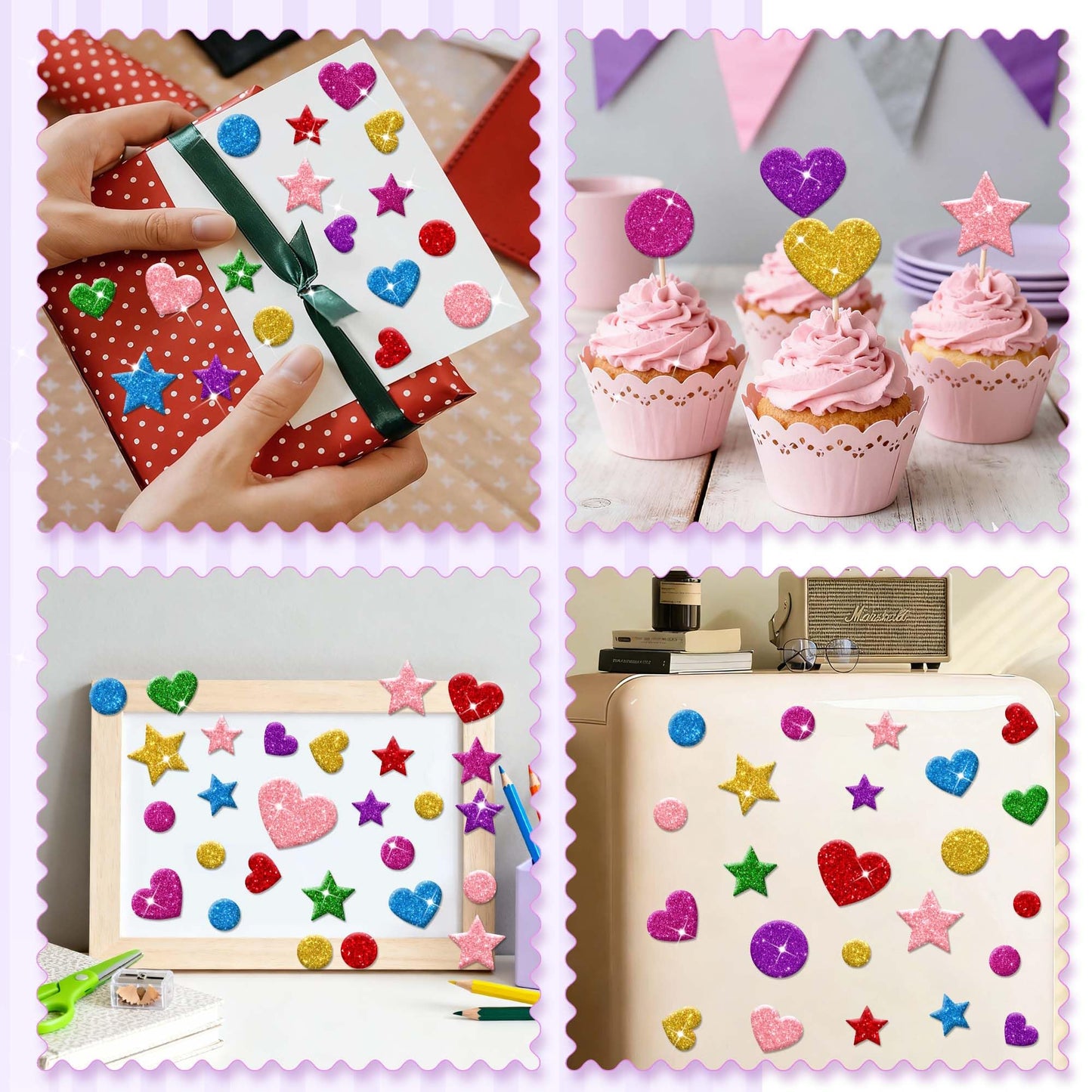 Lckaent Glitter Foam Stickers – 875 Pcs 3D Self-Adhesive Hearts Stars Circles for DIY Crafts