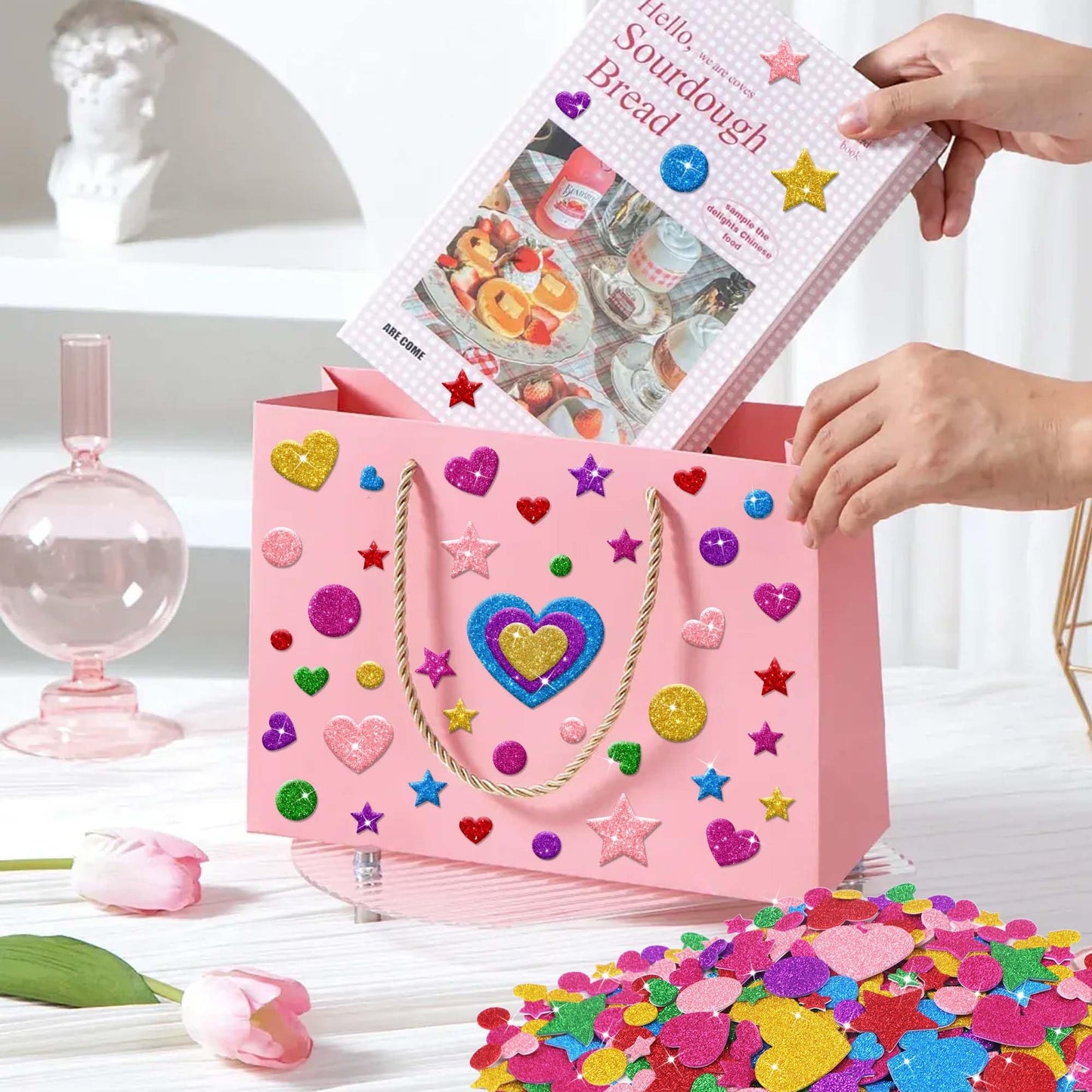 Lckaent Glitter Foam Stickers – 875 Pcs 3D Self-Adhesive Hearts Stars Circles for DIY Crafts
