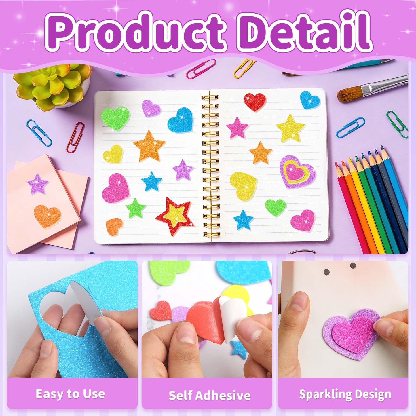 Lckaent Foam Stickers Glitter Hearts & Stars – 875pcs 3D Self-Adhesive Craft Kit