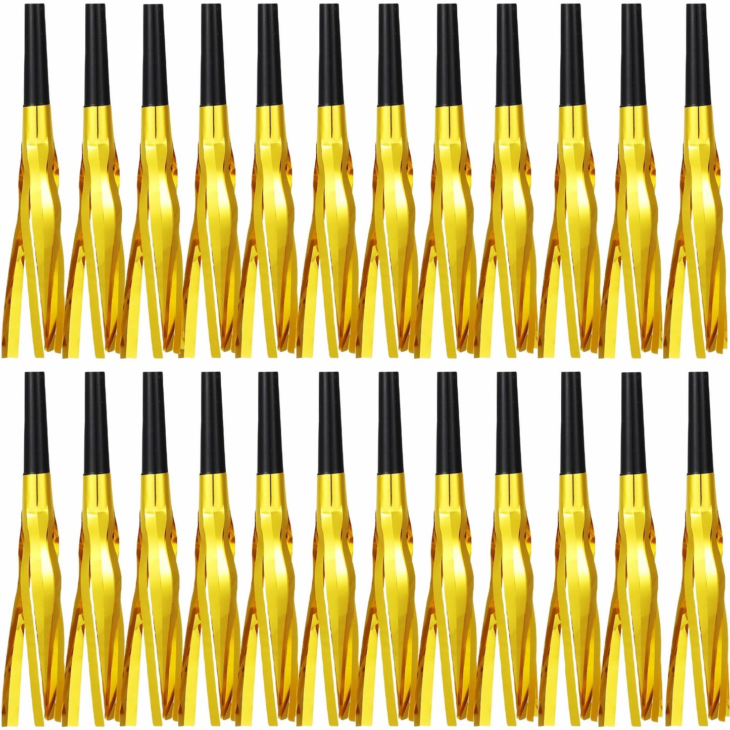 LCPQMZGH Gold Glitter Fringed Noise Makers – 24pcs Party Horns for Baby Showers, Birthdays & New Year
