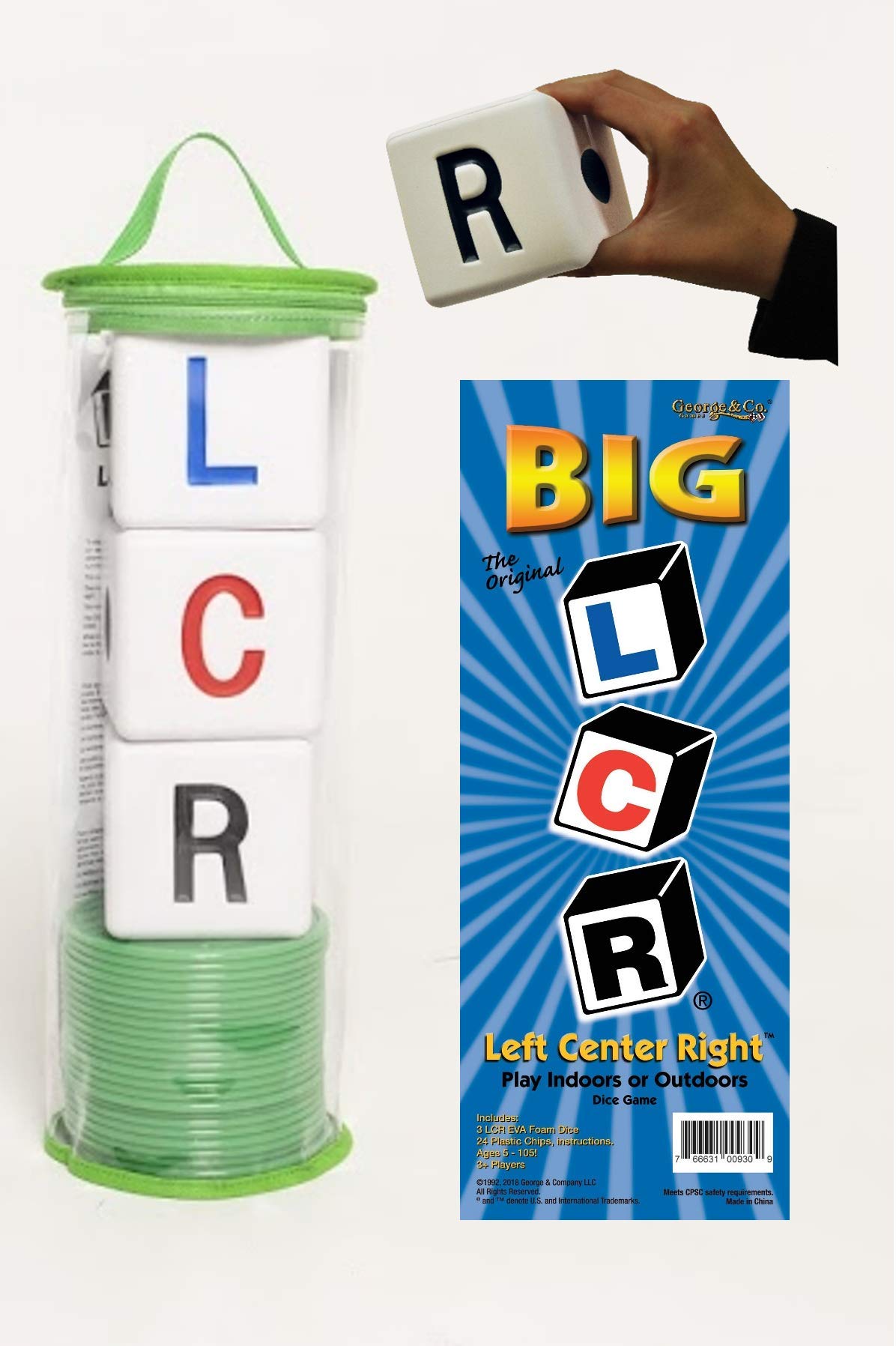 LCR Big Left Center Right Dice Game – EVA Foam Dice, 24 Chips & Zip Bag (Green)