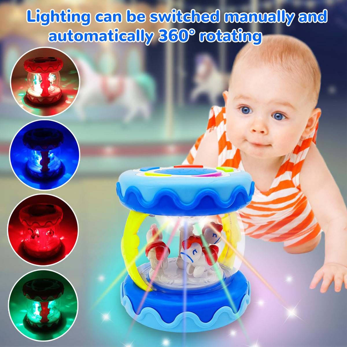 LDRYWW Baby Girl Hand Drum with Light-Up Carousel — Sensory Crawling Toy for 2–3+ Years (Blue)