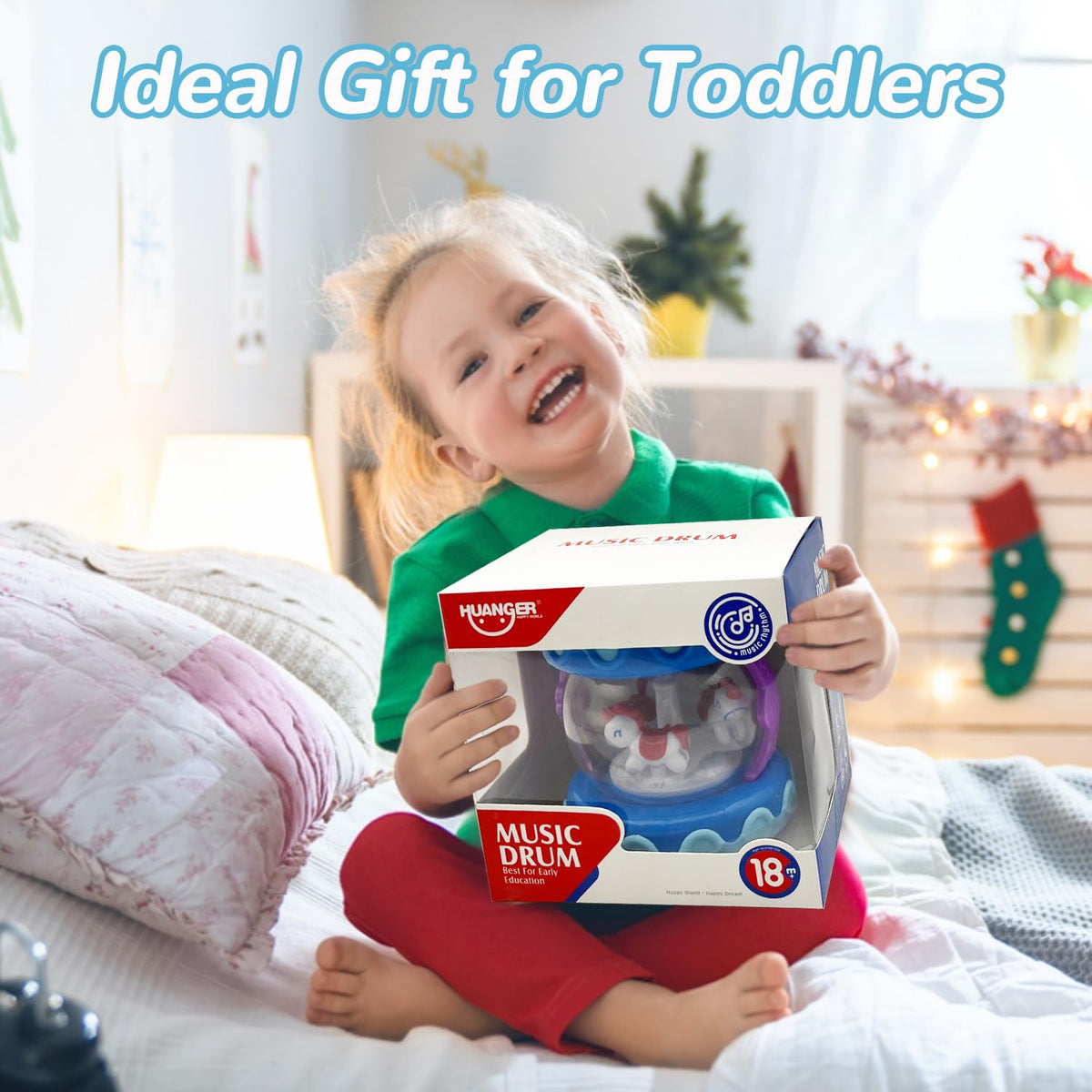 LDRYWW Baby Girl Hand Drum with Light-Up Carousel — Sensory Crawling Toy for 2–3+ Years (Blue)