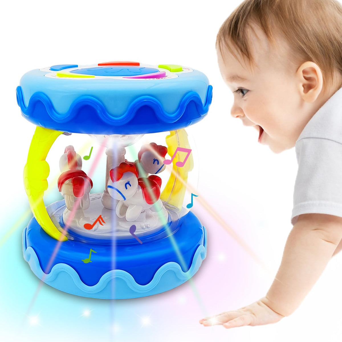LDRYWW Baby Girl Hand Drum with Light-Up Carousel — Sensory Crawling Toy for 2–3+ Years (Blue)