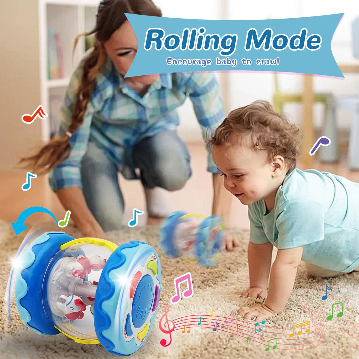 LDRYWW Baby Girl Hand Drum with Light-Up Carousel — Sensory Crawling Toy for 2–3+ Years (Blue)