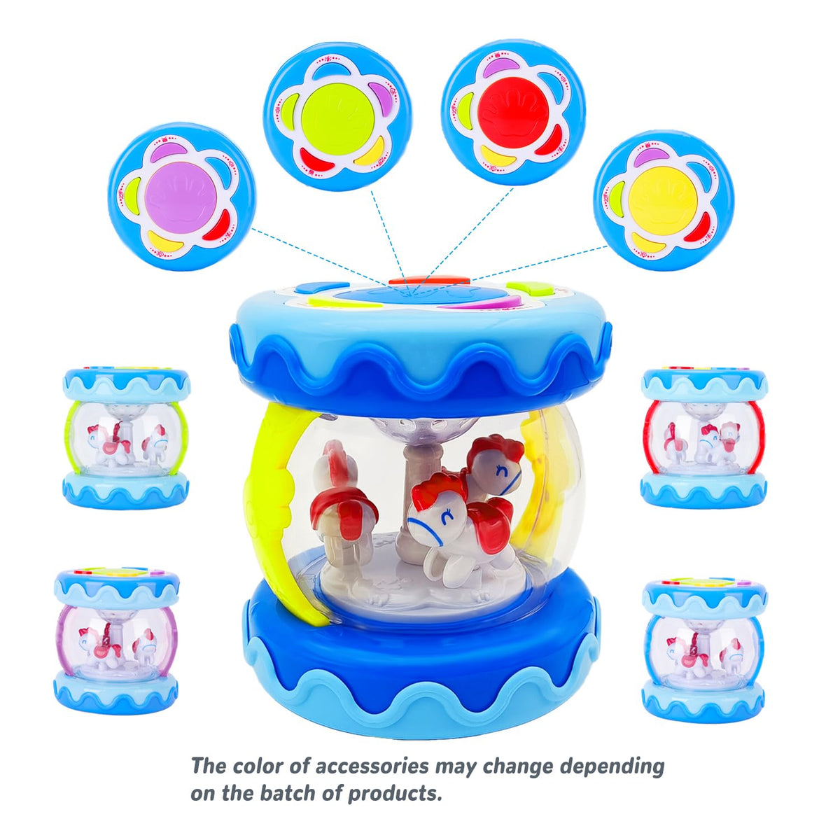 LDRYWW Baby Girl Hand Drum with Light-Up Carousel — Sensory Crawling Toy for 2–3+ Years (Blue)