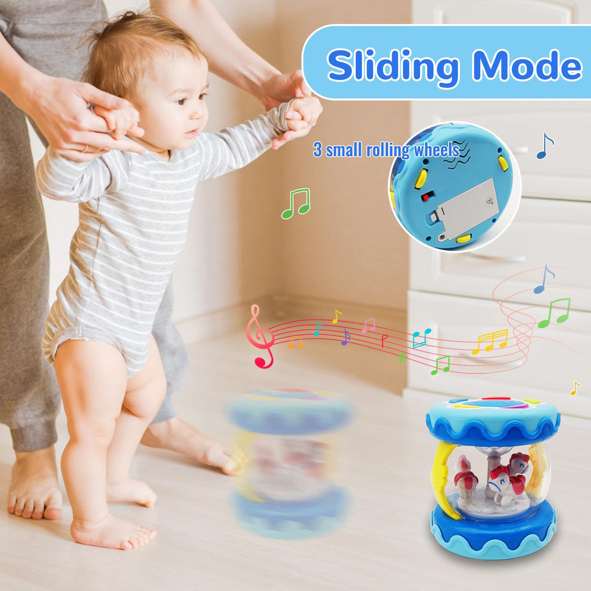 LDRYWW Baby Girl Hand Drum with Light-Up Carousel — Sensory Crawling Toy for 2–3+ Years (Blue)