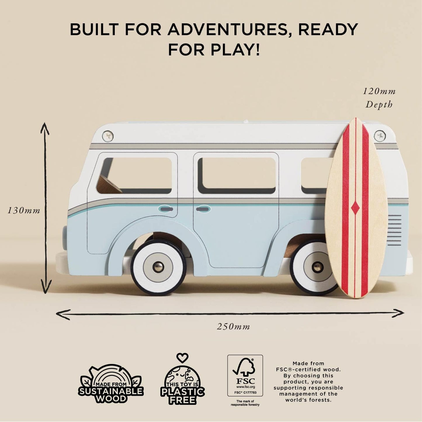 Le Toy Van Wooden Holiday Campervan with Surfboard – Detachable Roof, Padded Mattress, 3+
