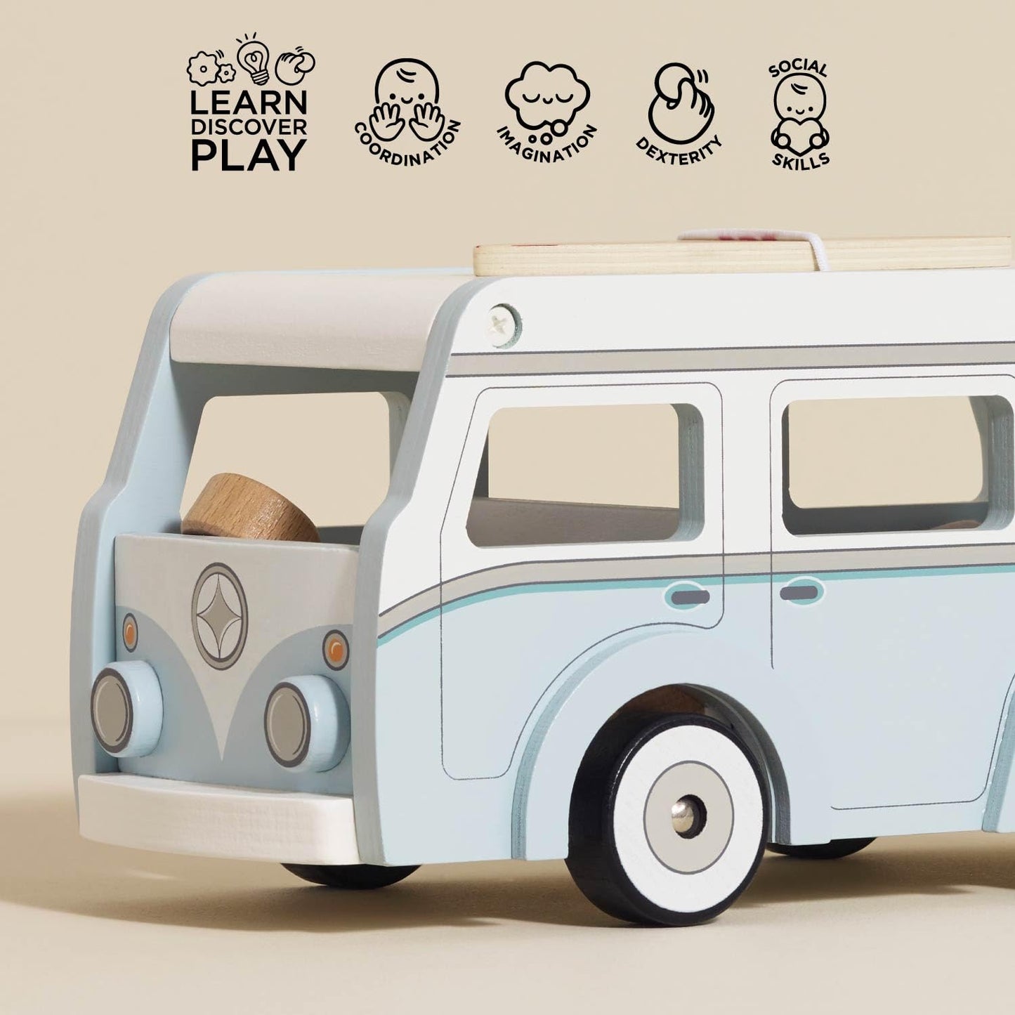 Le Toy Van Wooden Holiday Campervan with Surfboard – Detachable Roof, Padded Mattress, 3+