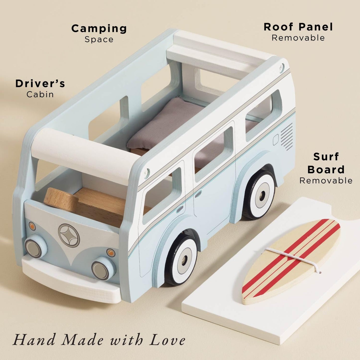 Le Toy Van Wooden Holiday Campervan with Surfboard – Detachable Roof, Padded Mattress, 3+
