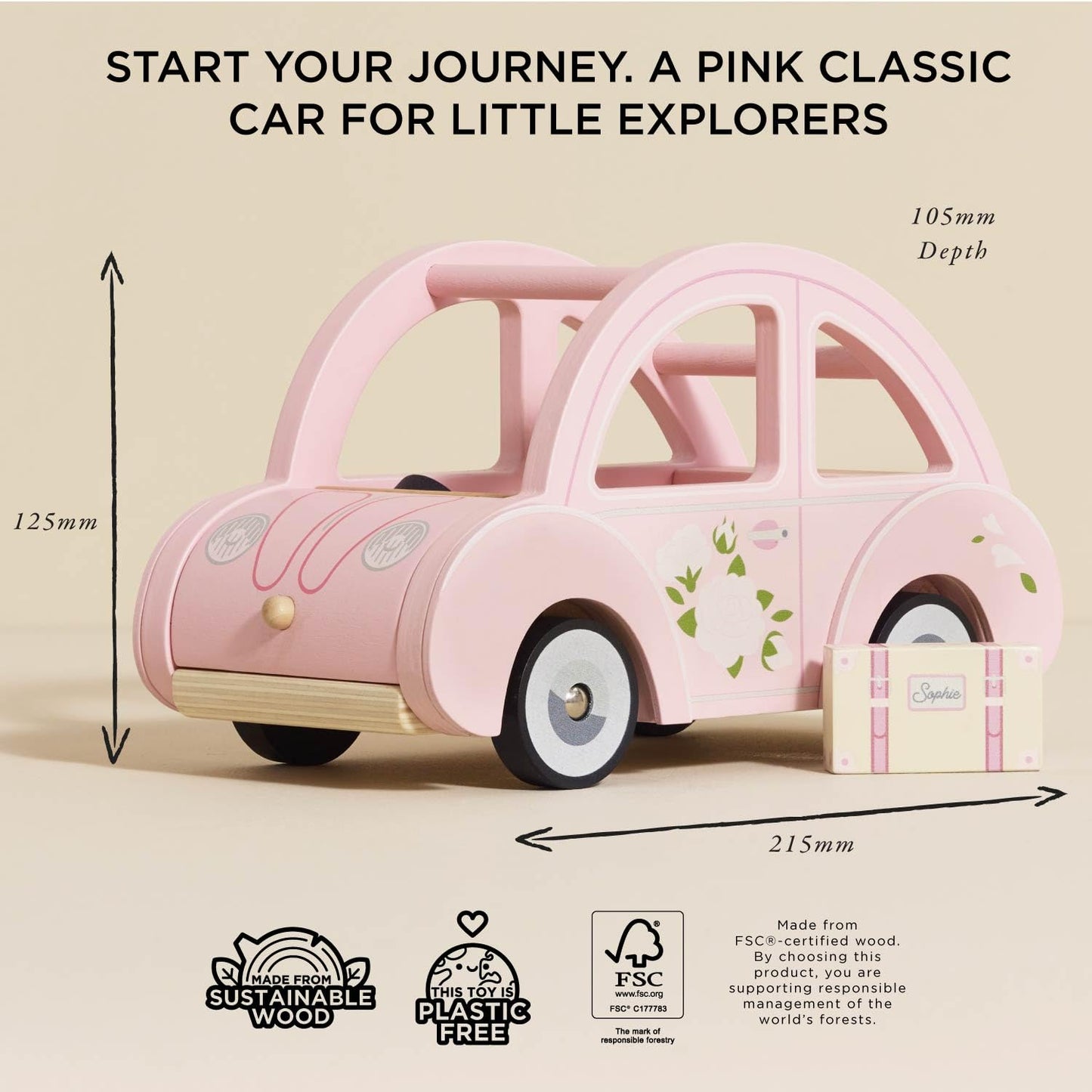 Le Toy Van Daisylane Sophie's Car Accessories Play Set – Pink Wooden Car with Luggage for Dolls Houses (Ages 3+)