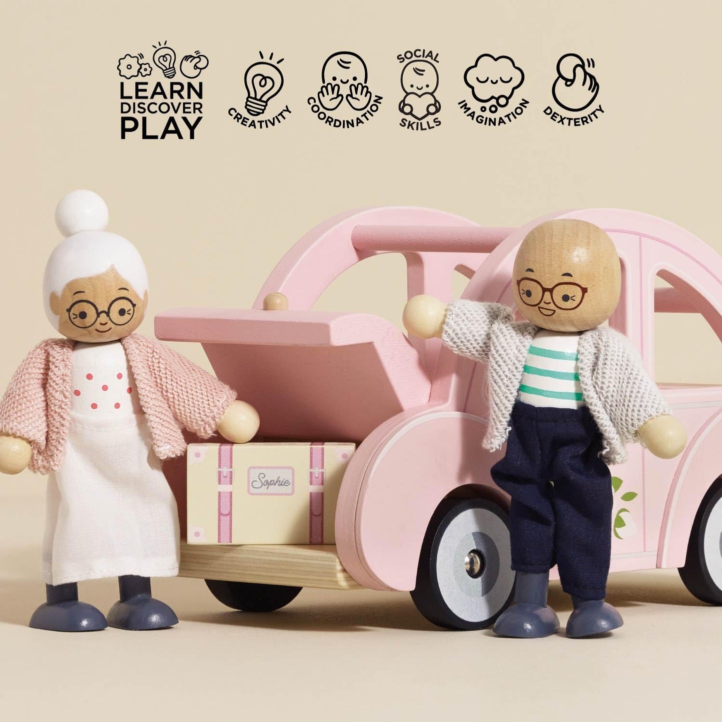 Le Toy Van Daisylane Sophie's Car Accessories Play Set – Pink Wooden Car with Luggage for Dolls Houses (Ages 3+)