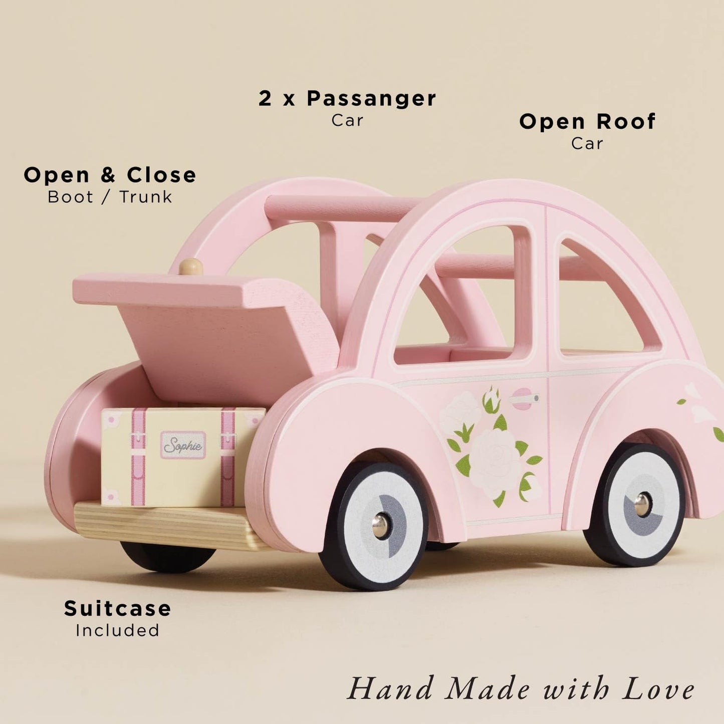 Le Toy Van Daisylane Sophie's Car Accessories Play Set – Pink Wooden Car with Luggage for Dolls Houses (Ages 3+)
