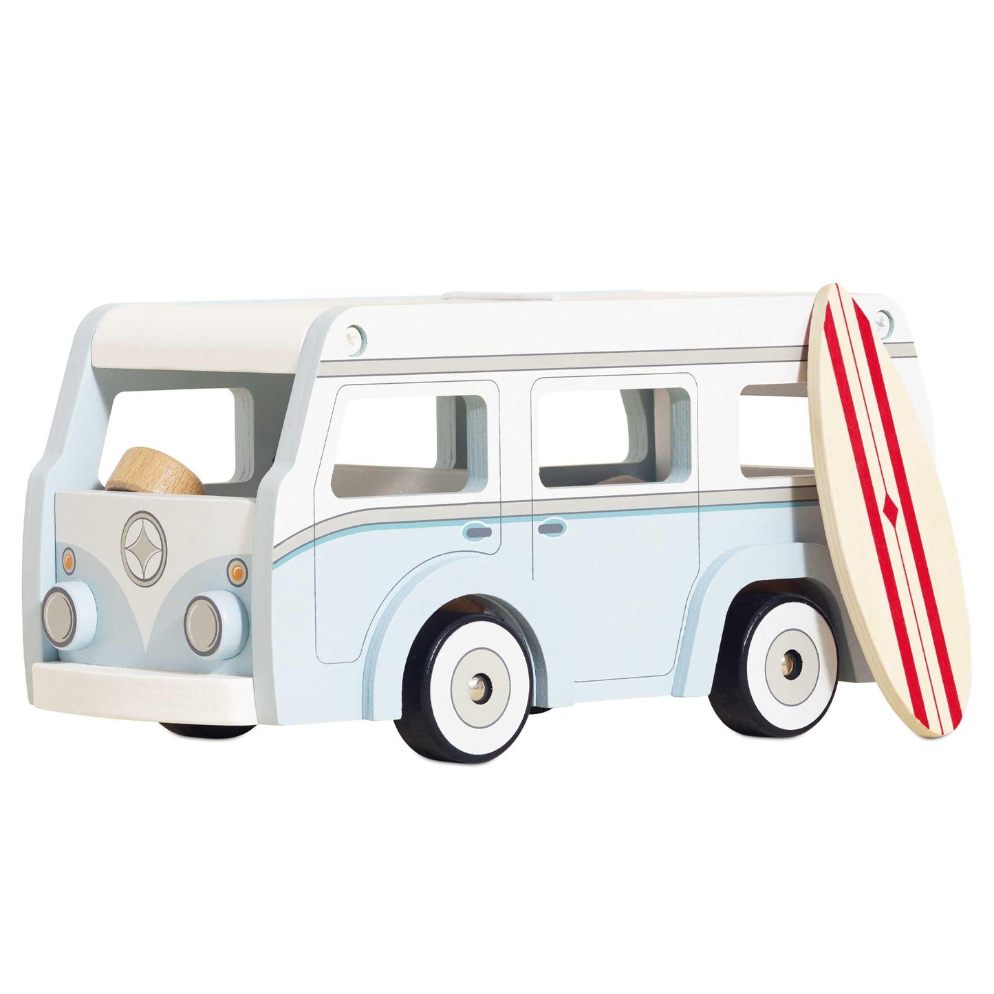 Le Toy Van Wooden Holiday Campervan with Surfboard – Detachable Roof, Padded Mattress, 3+