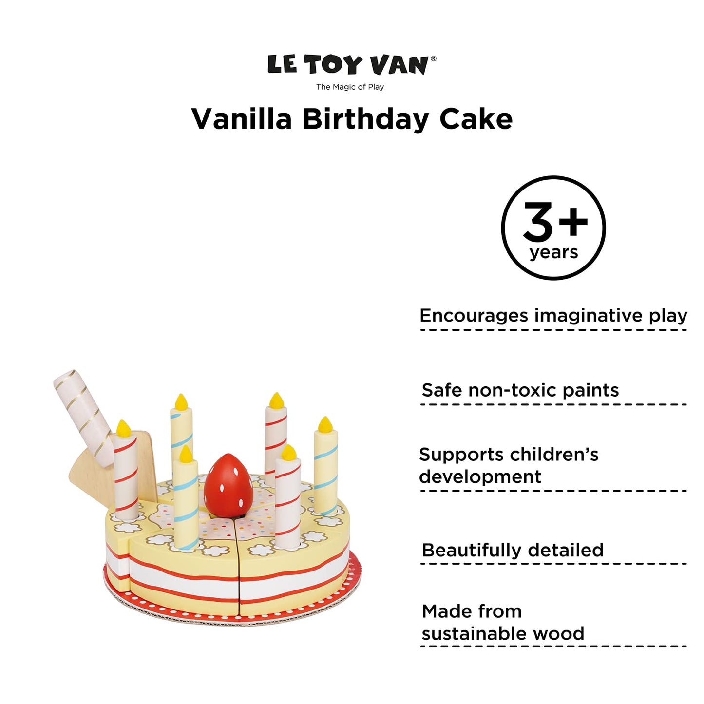 Le Toy Van Honeybake Vanilla Birthday Cake – Wooden Pretend Play Food for Kids (TV273)