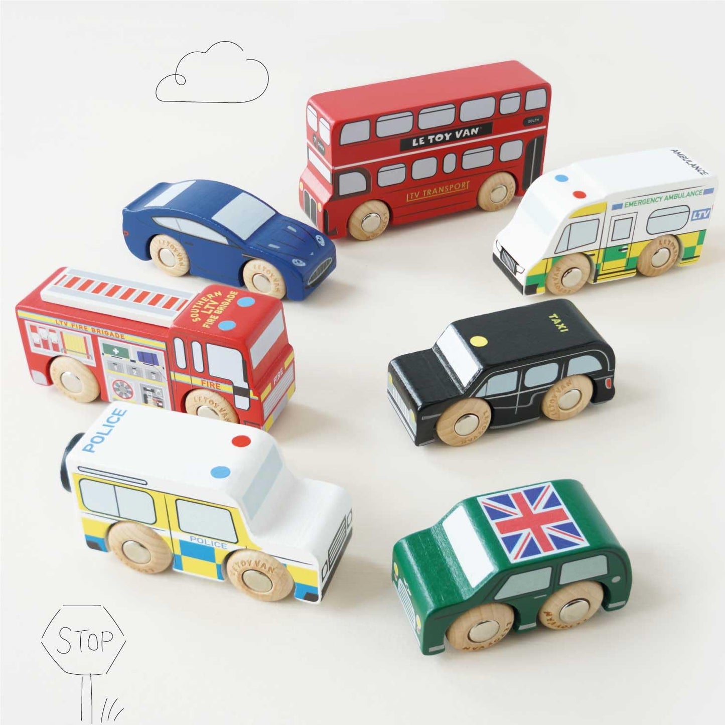 Le Toy Van London Car Set – Premium Wooden Vehicles for Kids 3+ (7-Piece) TV267