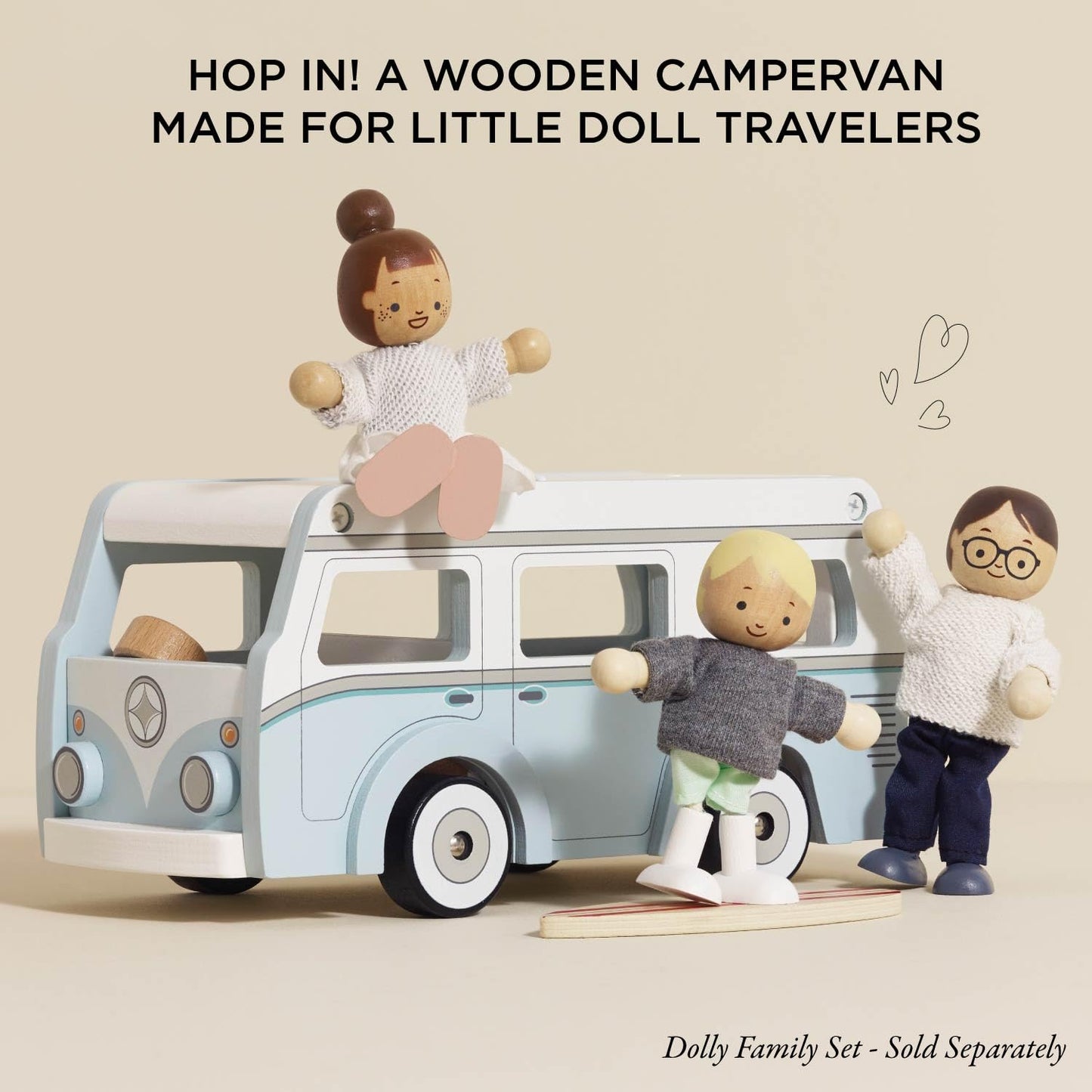 Le Toy Van Wooden Holiday Campervan with Surfboard – Detachable Roof, Padded Mattress, 3+