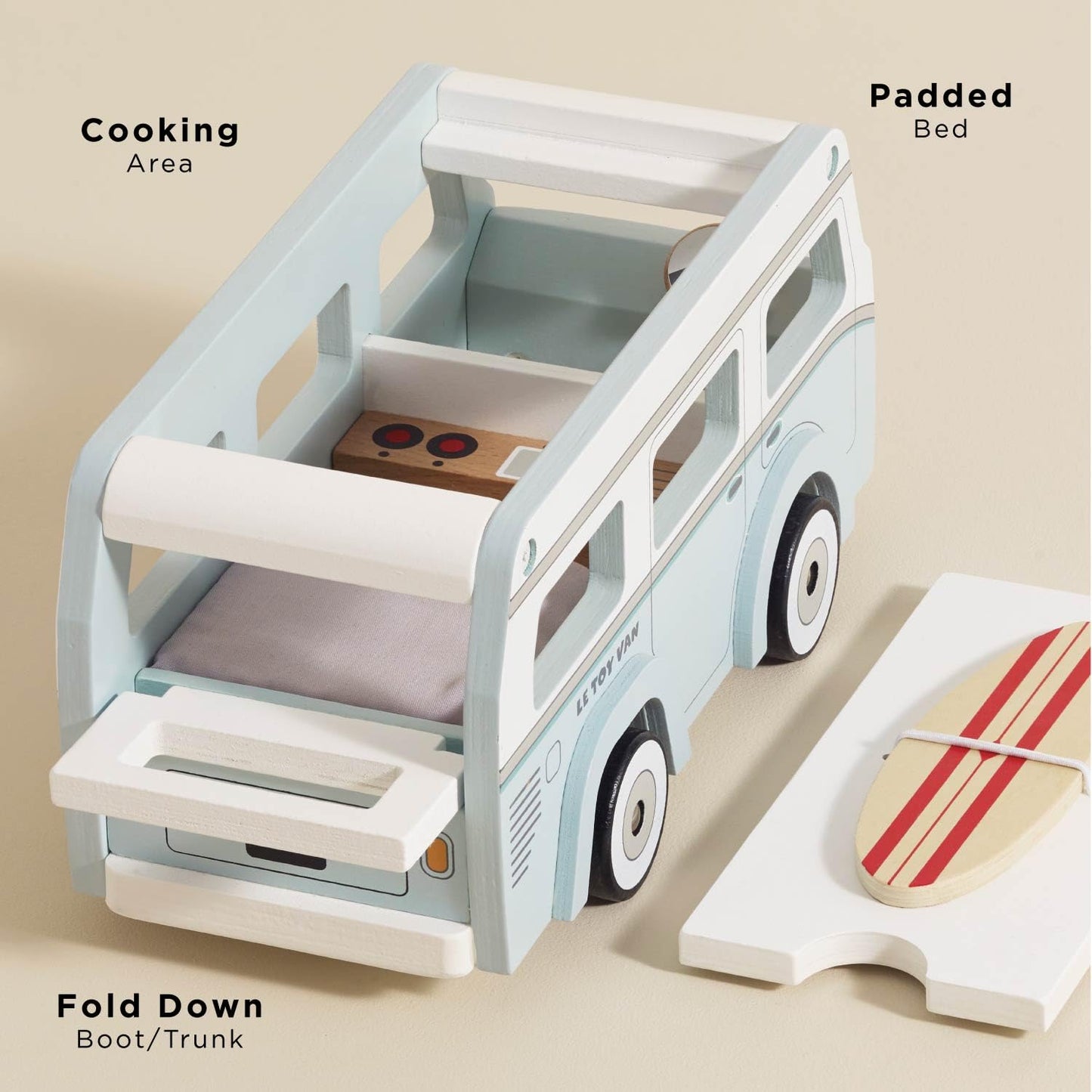 Le Toy Van Wooden Holiday Campervan with Surfboard – Detachable Roof, Padded Mattress, 3+