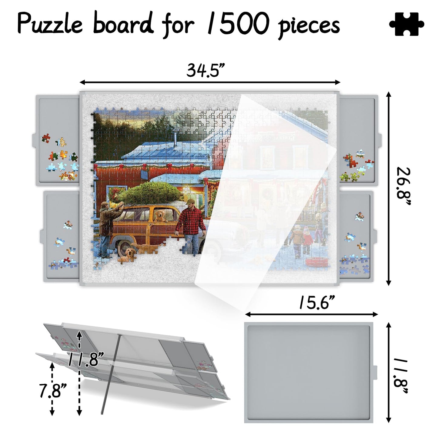 LEABIOLT Puzzle Board 1500 Pieces with Adjustable Tilting Stand, Felt Surface, and Drawer Storage – Grey