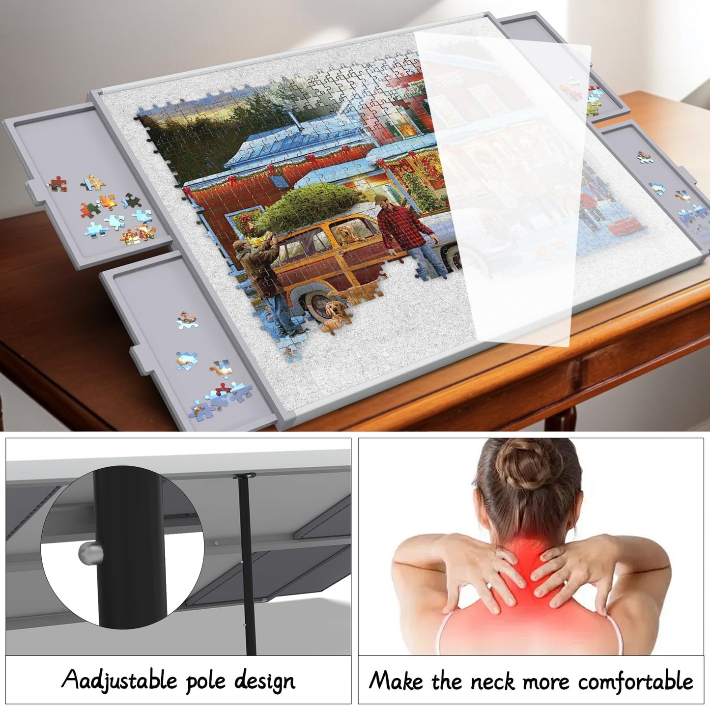 LEABIOLT Puzzle Board 1500 Pieces with Adjustable Tilting Stand, Felt Surface, and Drawer Storage – Grey