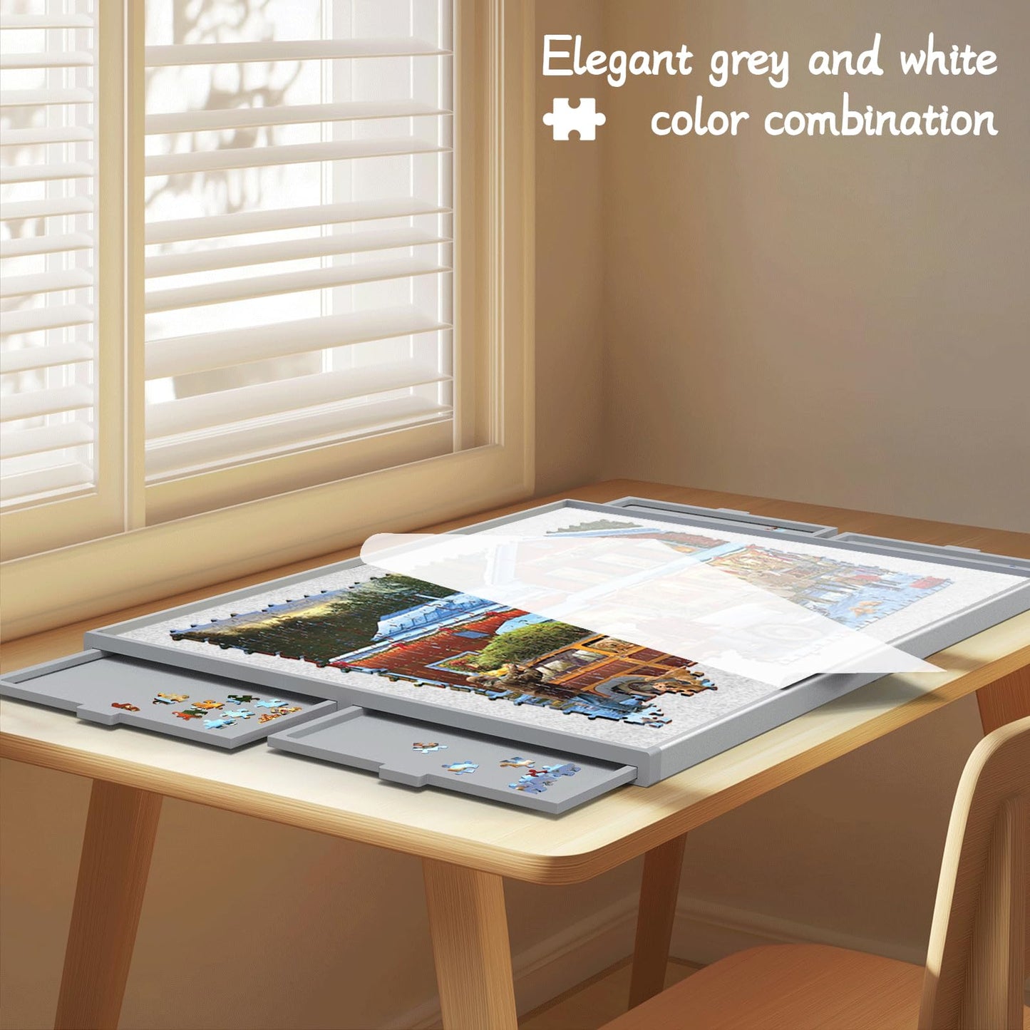 LEABIOLT Puzzle Board 1500 Pieces with Adjustable Tilting Stand, Felt Surface, and Drawer Storage – Grey