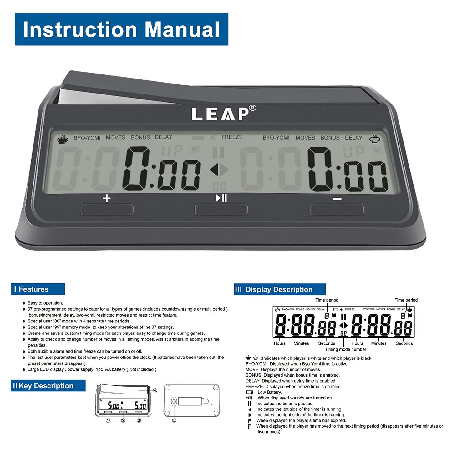 LEAP Chess Clock 9921 – Updated Programme Byo-yomi Delay with Large Screen
