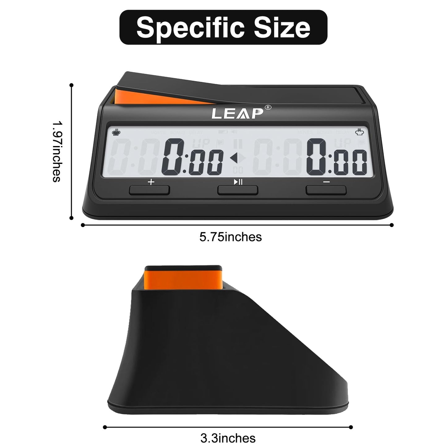 LEAP Chess Clock Digital Timer – Advanced 2-Player Timer with Bonus/Delay, Alarm, Black/Orange