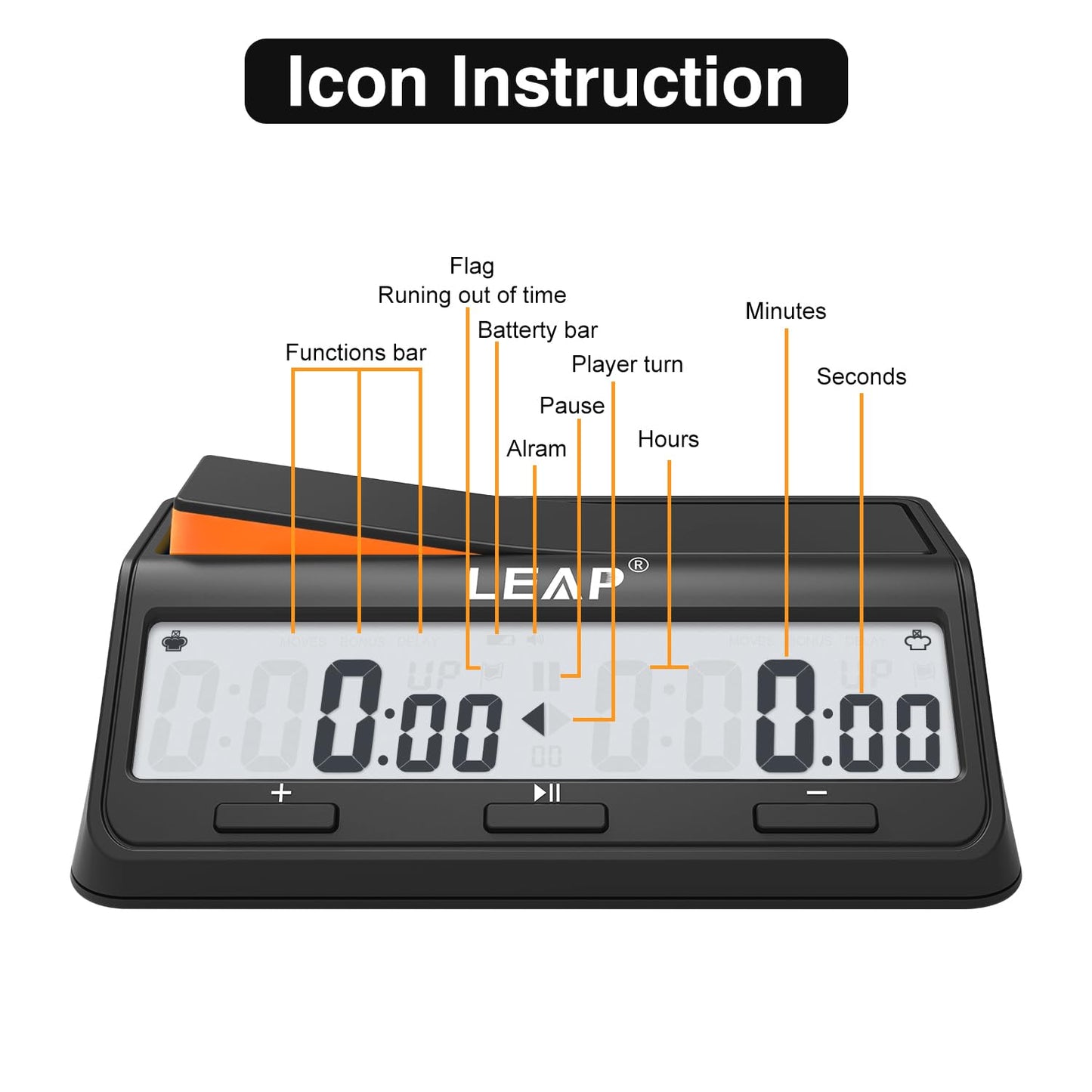 LEAP Chess Clock Digital Timer – Advanced 2-Player Timer with Bonus/Delay, Alarm, Black/Orange