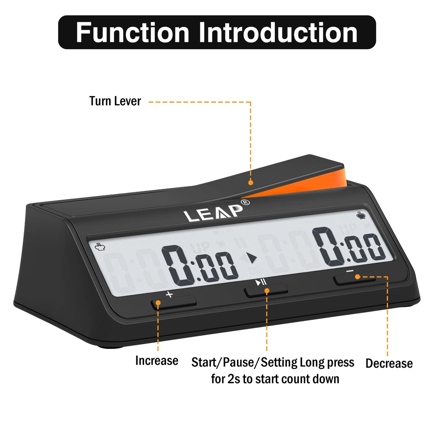 LEAP Chess Clock Digital Timer – Advanced 2-Player Timer with Bonus/Delay, Alarm, Black/Orange
