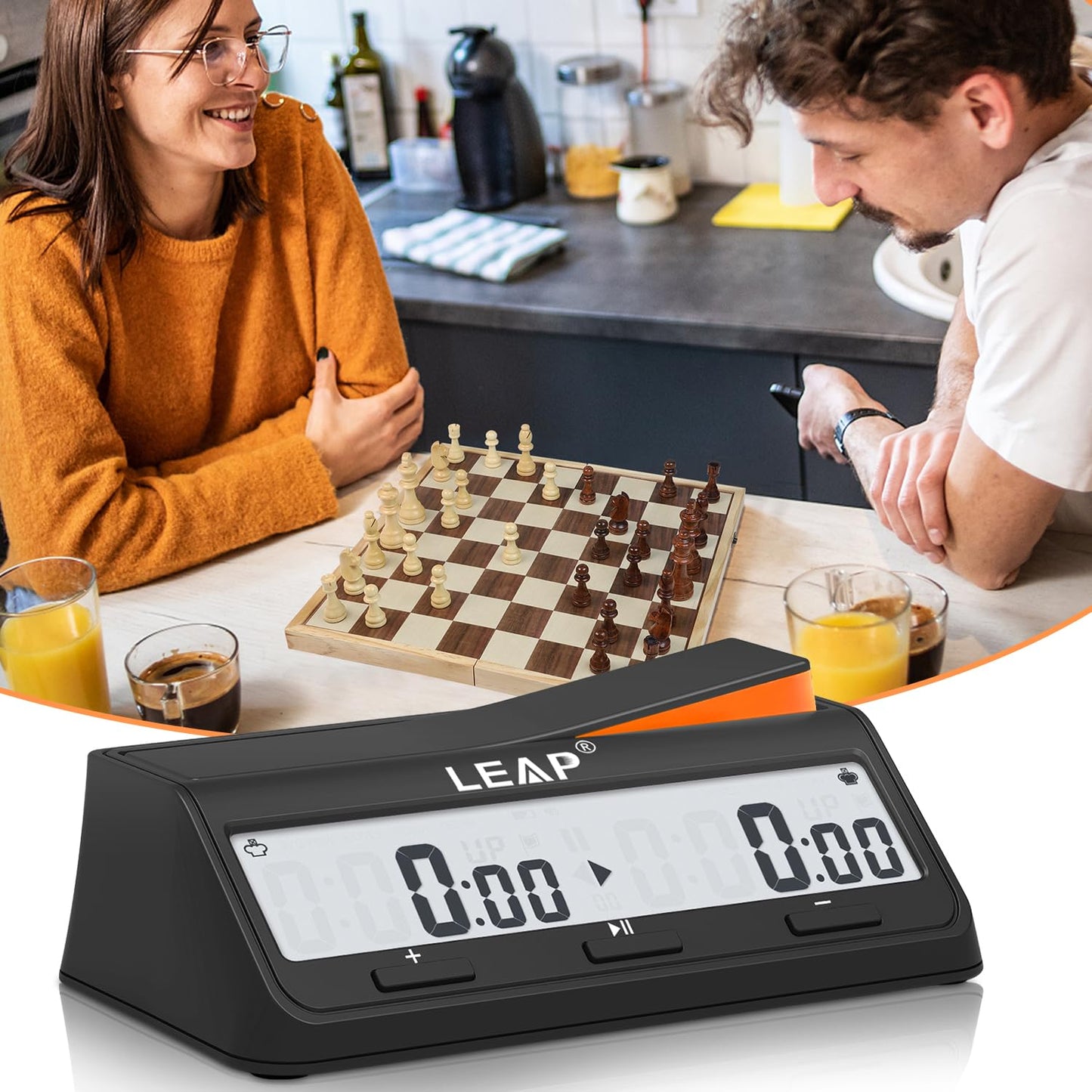 LEAP Chess Clock Digital Timer – Advanced 2-Player Timer with Bonus/Delay, Alarm, Black/Orange