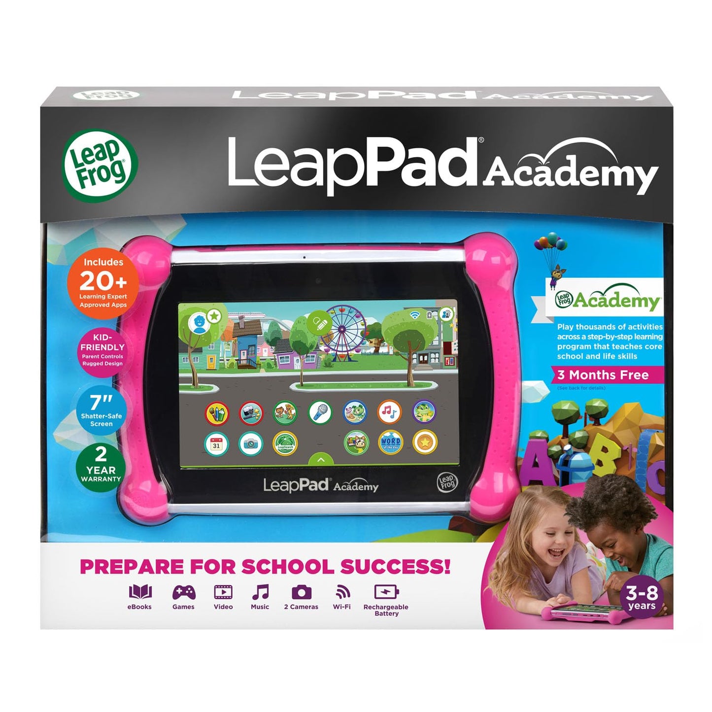 LeapFrog LeapPad Academy Pink – 7-inch Kids Learning Tablet with 20 Educational Apps (Ages 3–8)