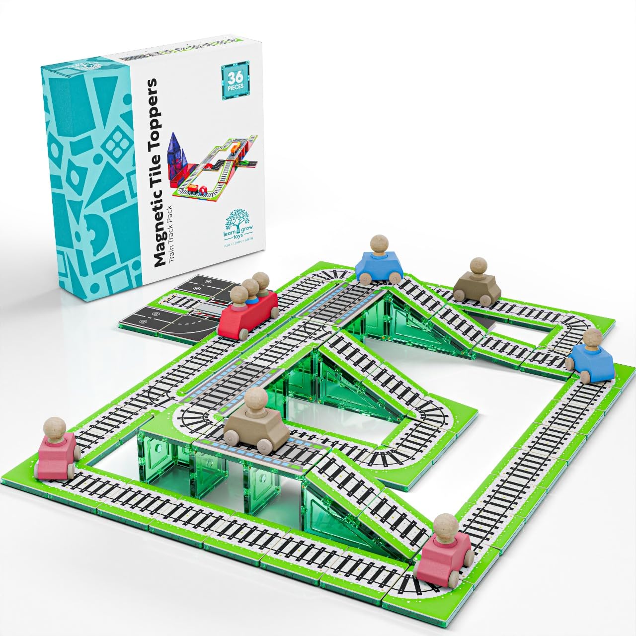 Learn & Grow Magnetic Tiles Train Tracks Expansion Pack – 36pc STEM Track Tops