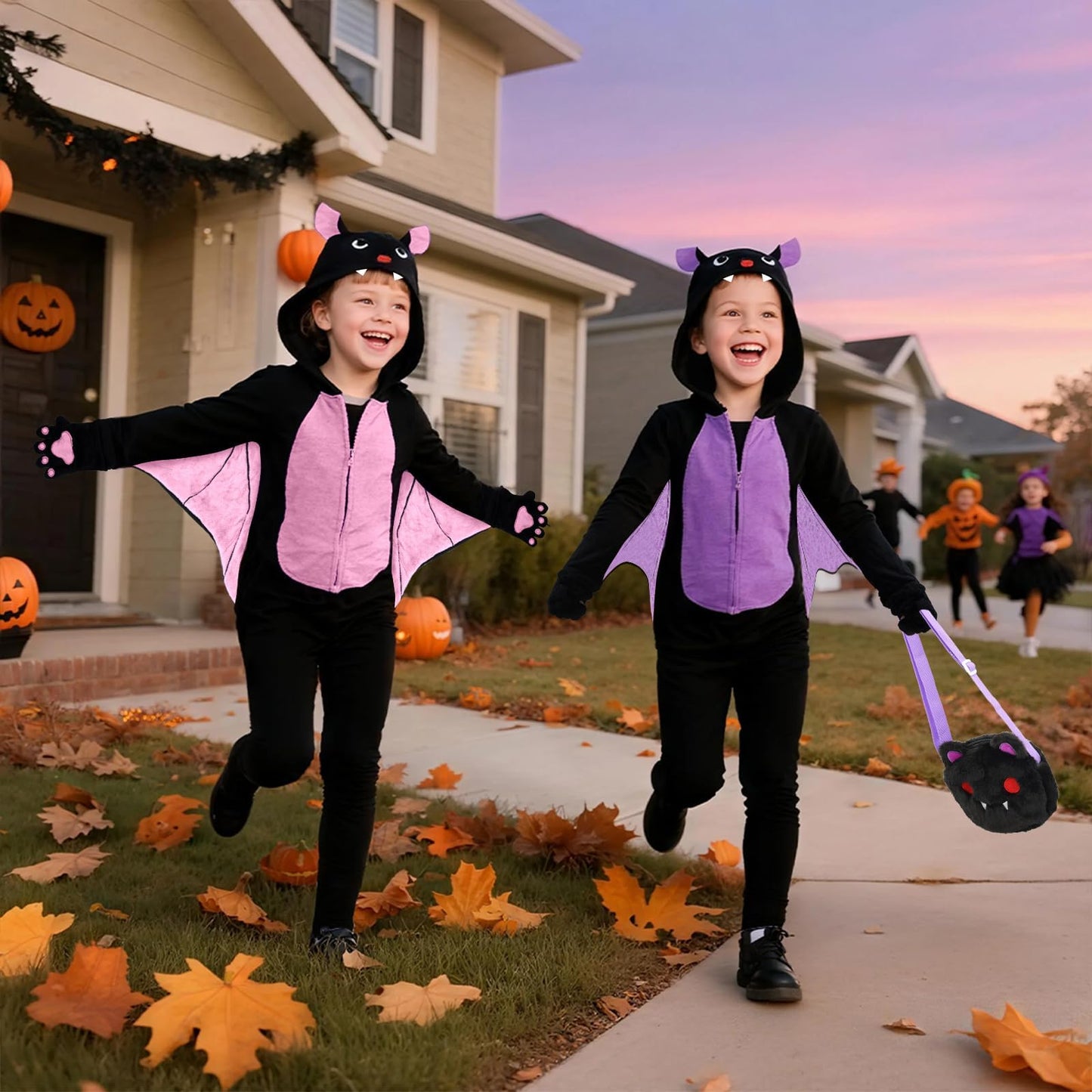 Learn2M Halloween Bat Costume for Kids – Purple Wings, Ears & Bag (Ages 5-8)