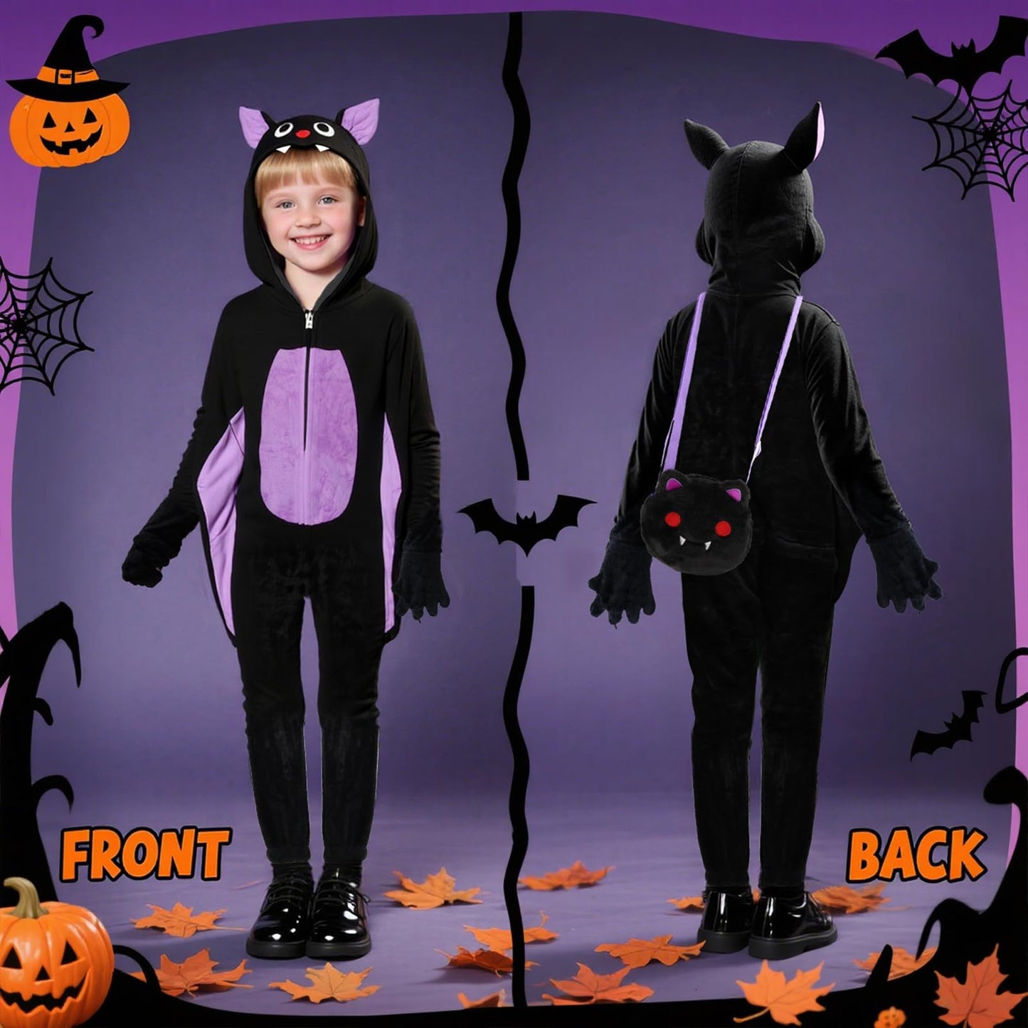 Learn2M Halloween Bat Costume for Kids – Purple Wings, Ears & Bag (Ages 5-8)