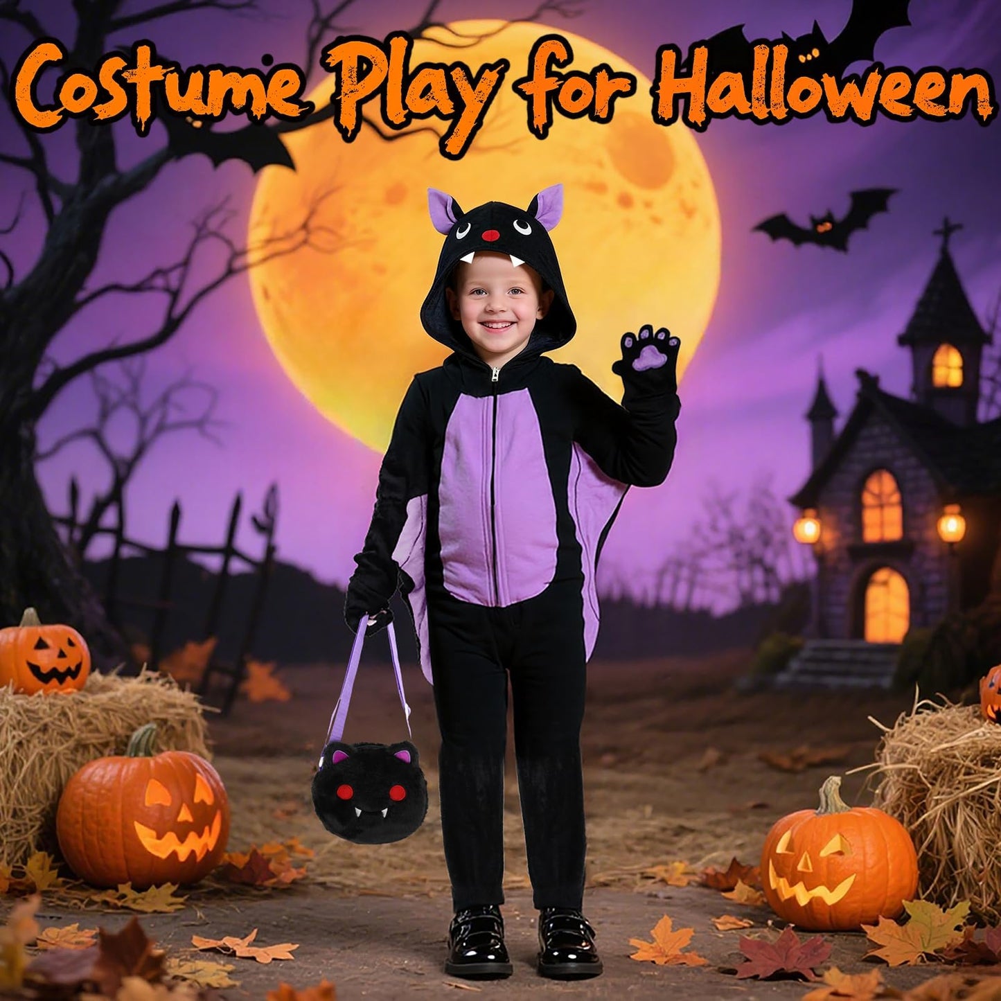 Learn2M Halloween Bat Costume for Kids – Purple Wings, Ears & Bag (Ages 5-8)