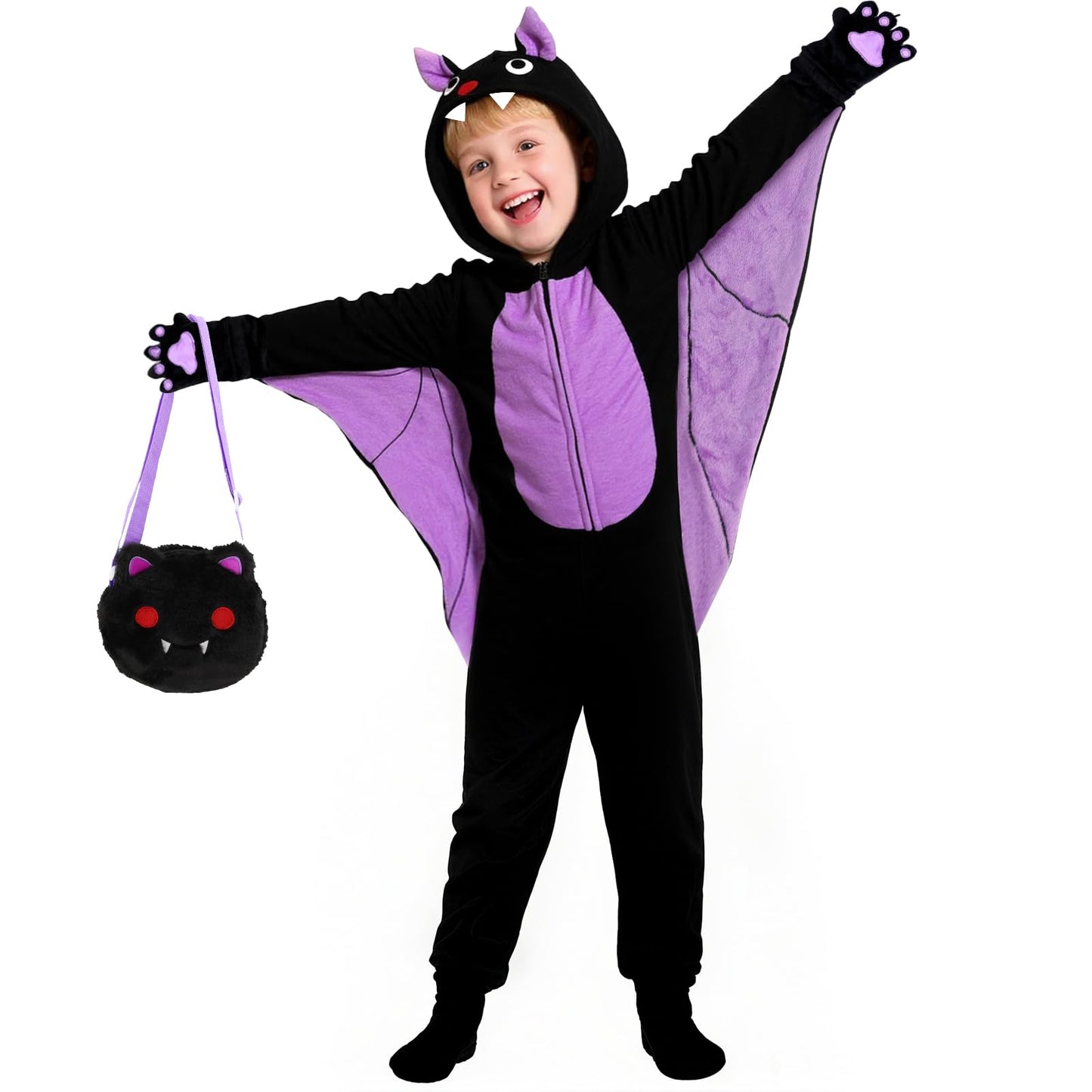 Learn2M Halloween Bat Costume for Kids – Purple Wings, Ears & Bag (Ages 5-8)