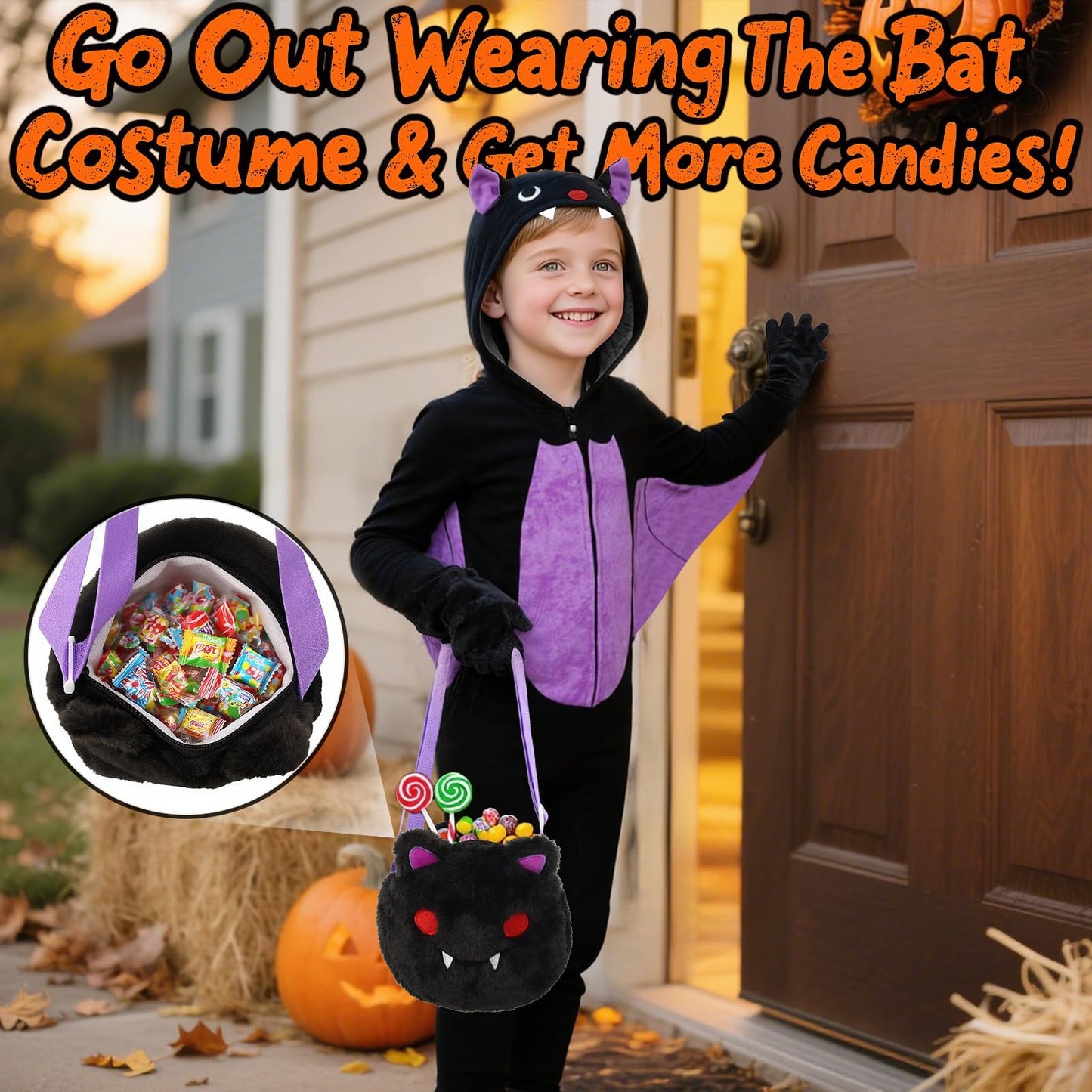 Learn2M Halloween Bat Costume for Kids – Purple Wings, Ears & Bag (Ages 5-8)