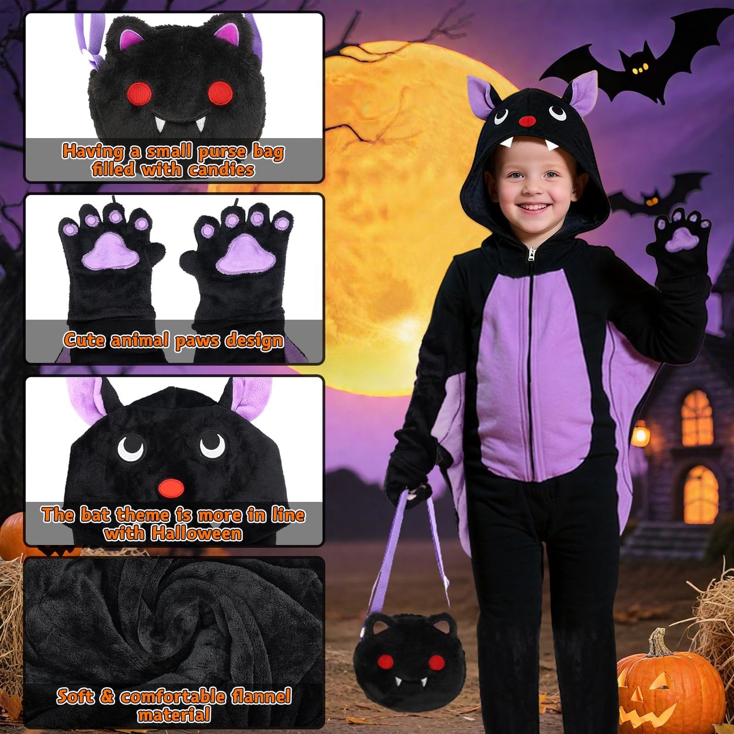 Learn2M Halloween Bat Costume for Kids – Purple Wings, Ears & Bag (Ages 5-8)