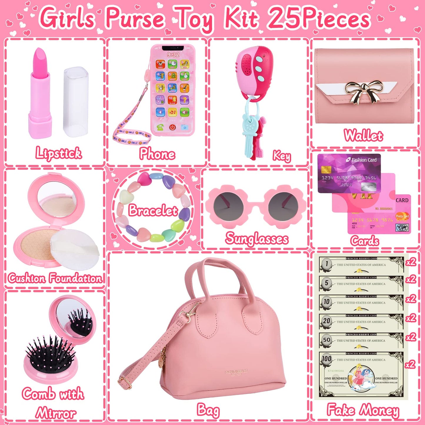 Learn2M Play Purse for Girls 3-6 | First Handbag Toy Kit with Makeup & Accessories