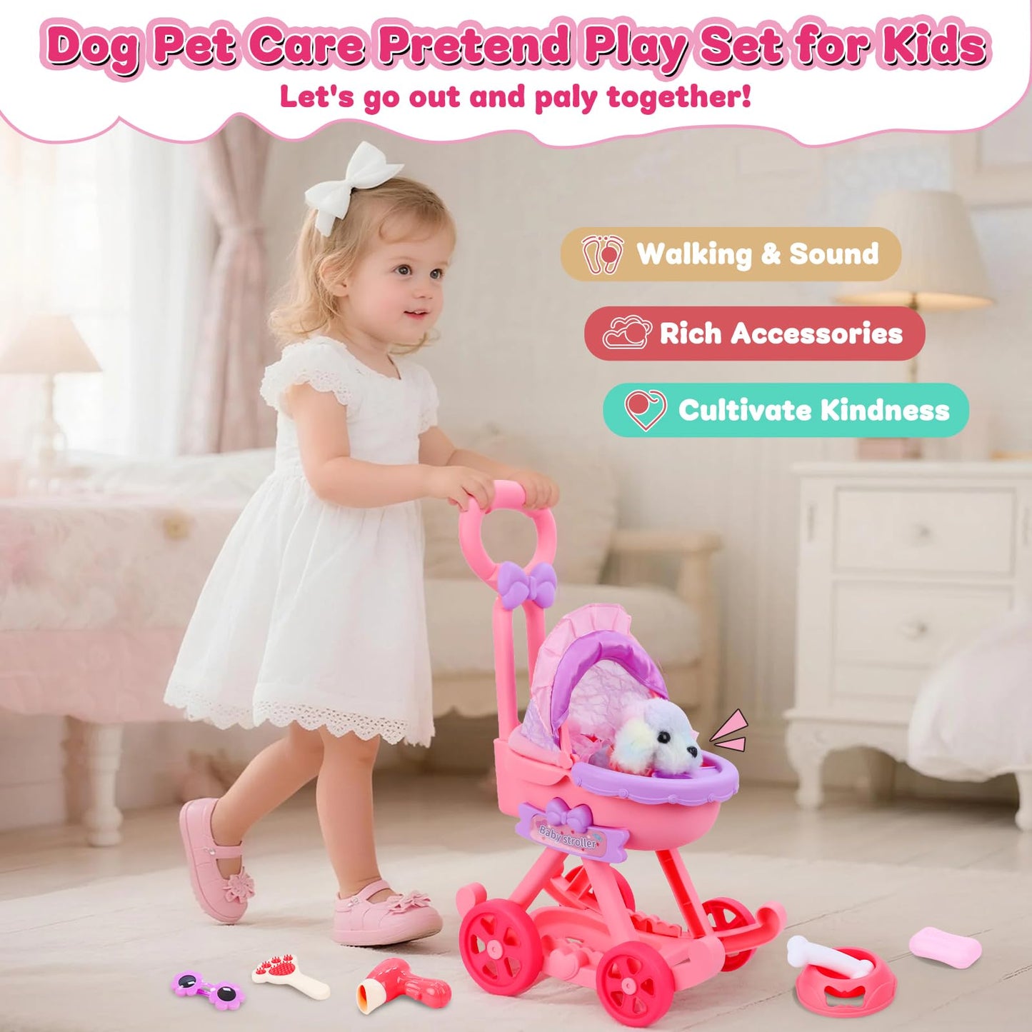 Learn2M 13-Piece Puppy Playset: Pretend Stroller & Interactive Barking Dog Toy