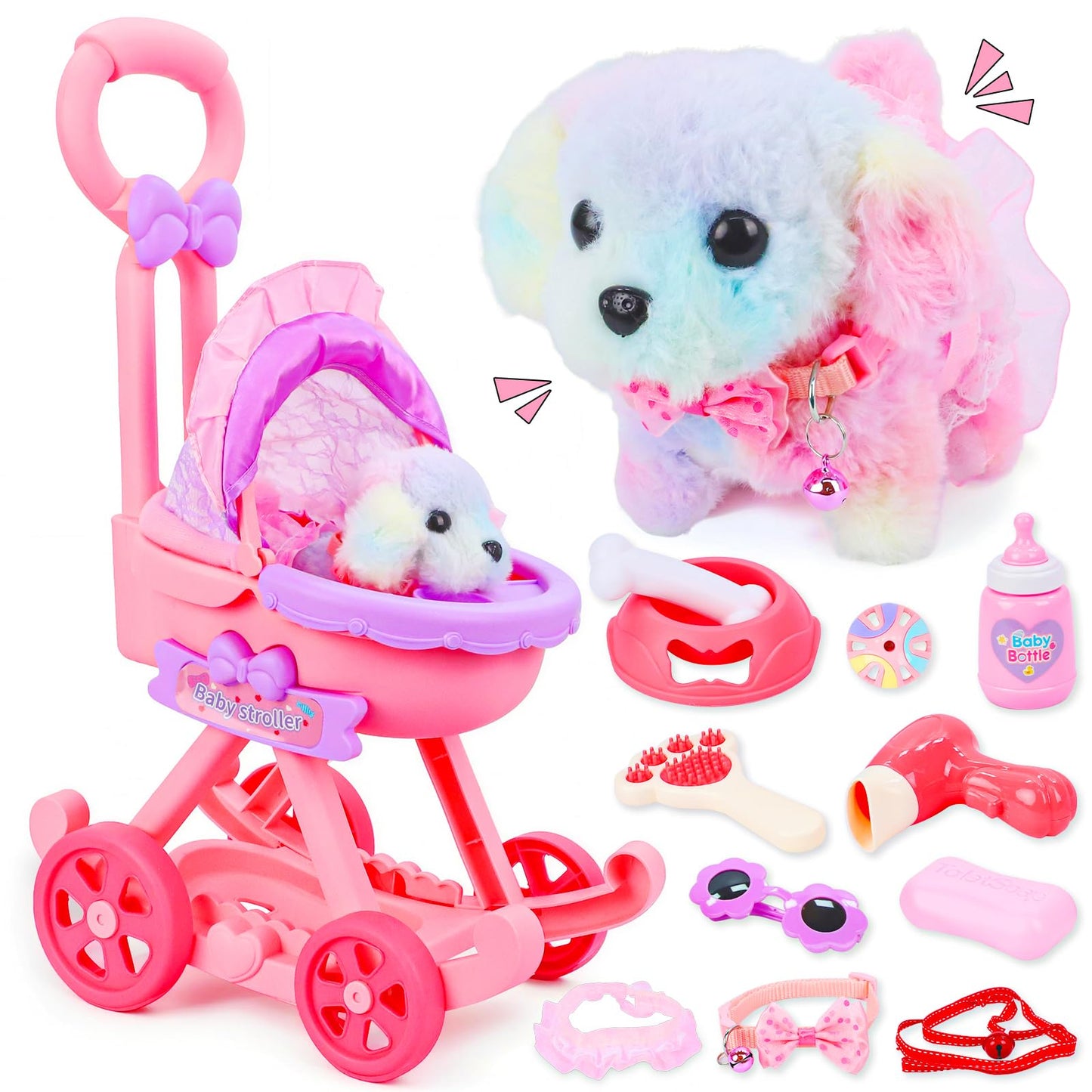 Learn2M 13-Piece Puppy Playset: Pretend Stroller & Interactive Barking Dog Toy