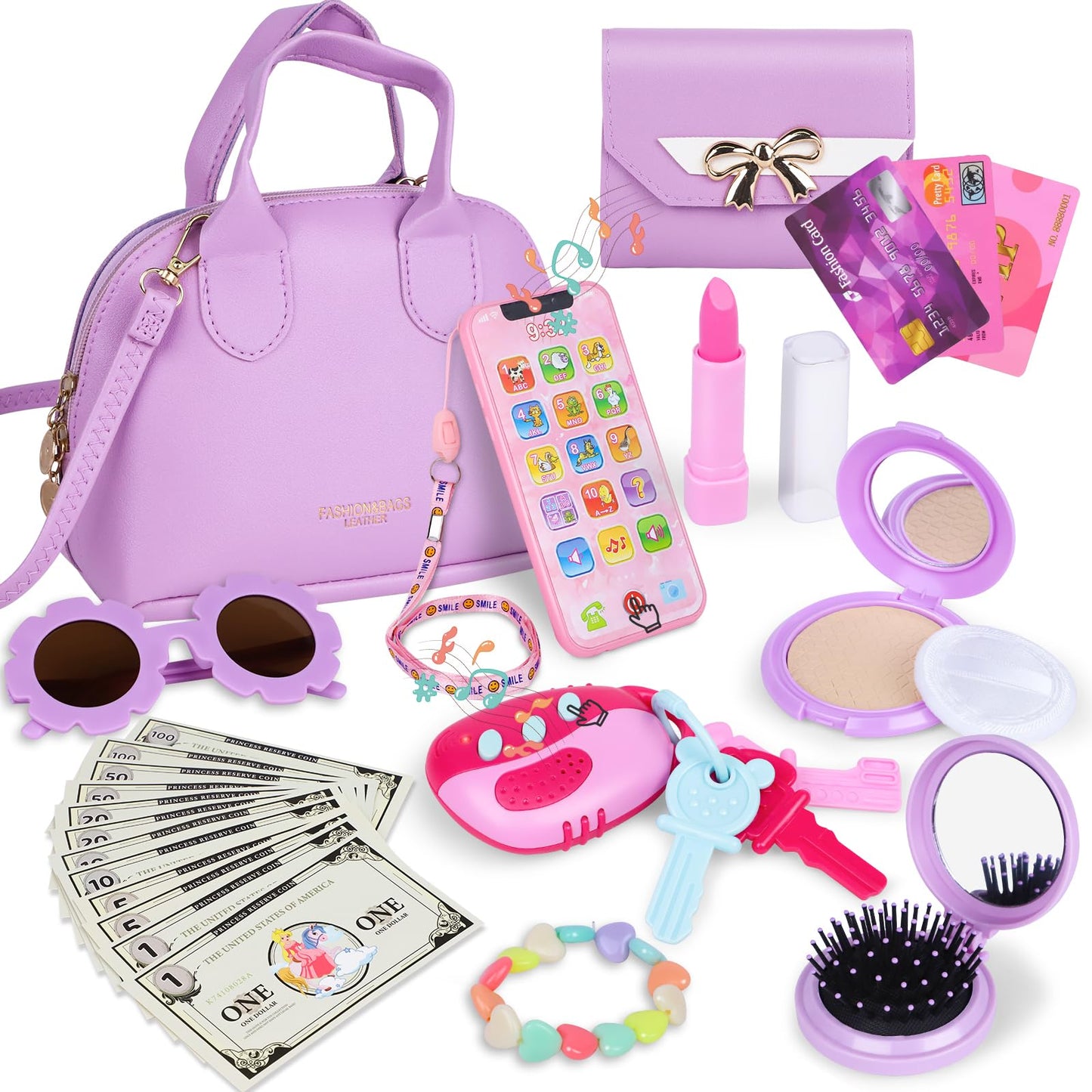 Learn2M Purple Play Purse for Girls 3-6 - Complete Pretend Play Set