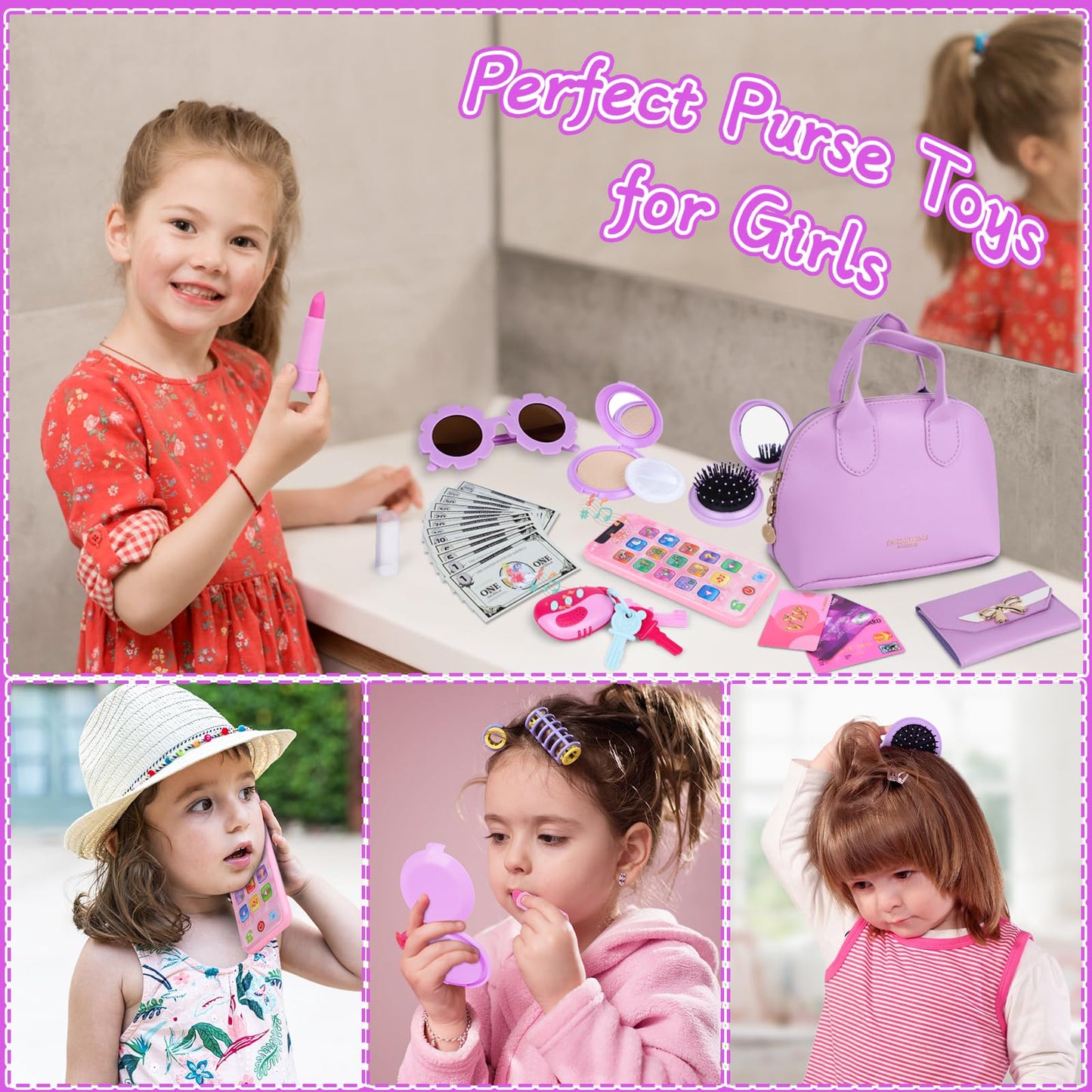 Learn2M Purple Play Purse for Girls 3-6 - Complete Pretend Play Set