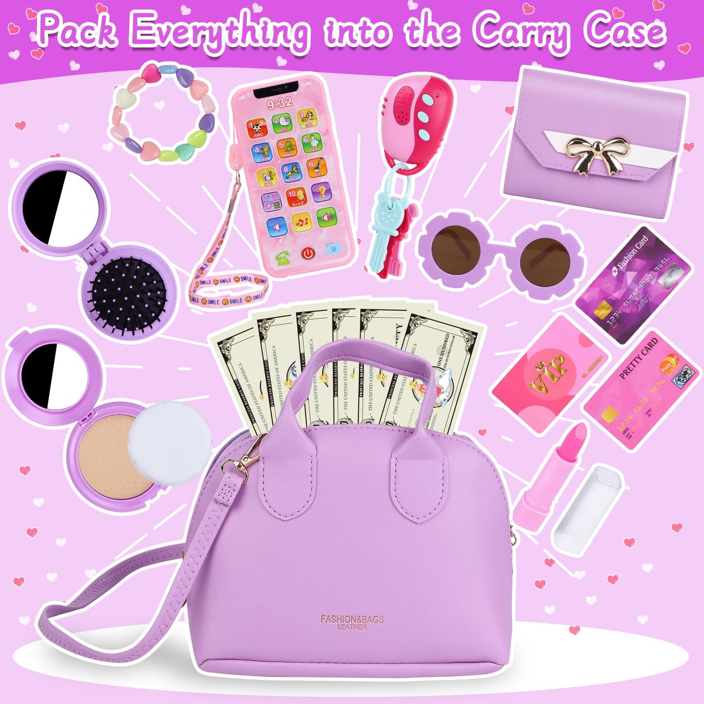 Learn2M Purple Play Purse for Girls 3-6 - Complete Pretend Play Set