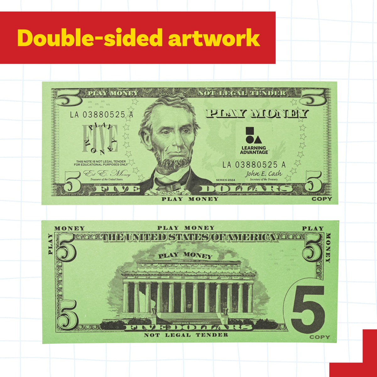 LEARNING ADVANTAGE Five Dollar Play Bills – 100 Play Money Bills for Kids | Teach Counting & Math